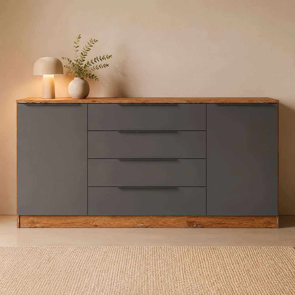 borchardt Möbel Sideboard »Tom, moderne Kommode mit dunklen Metallgriffen« 166cm, 2 Türen 4 Schubfächer, variable Einlegeböden, viel Stauraum