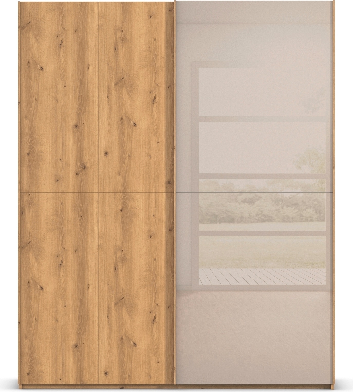 rauch Schwebetürenschrank »Kleiderschrank Schrank Garderobe Schlafzimmerschrank SCALE-WOOD« edle geteilte Front in massiver Asteiche mit Glastüren MADE IN GERMANY