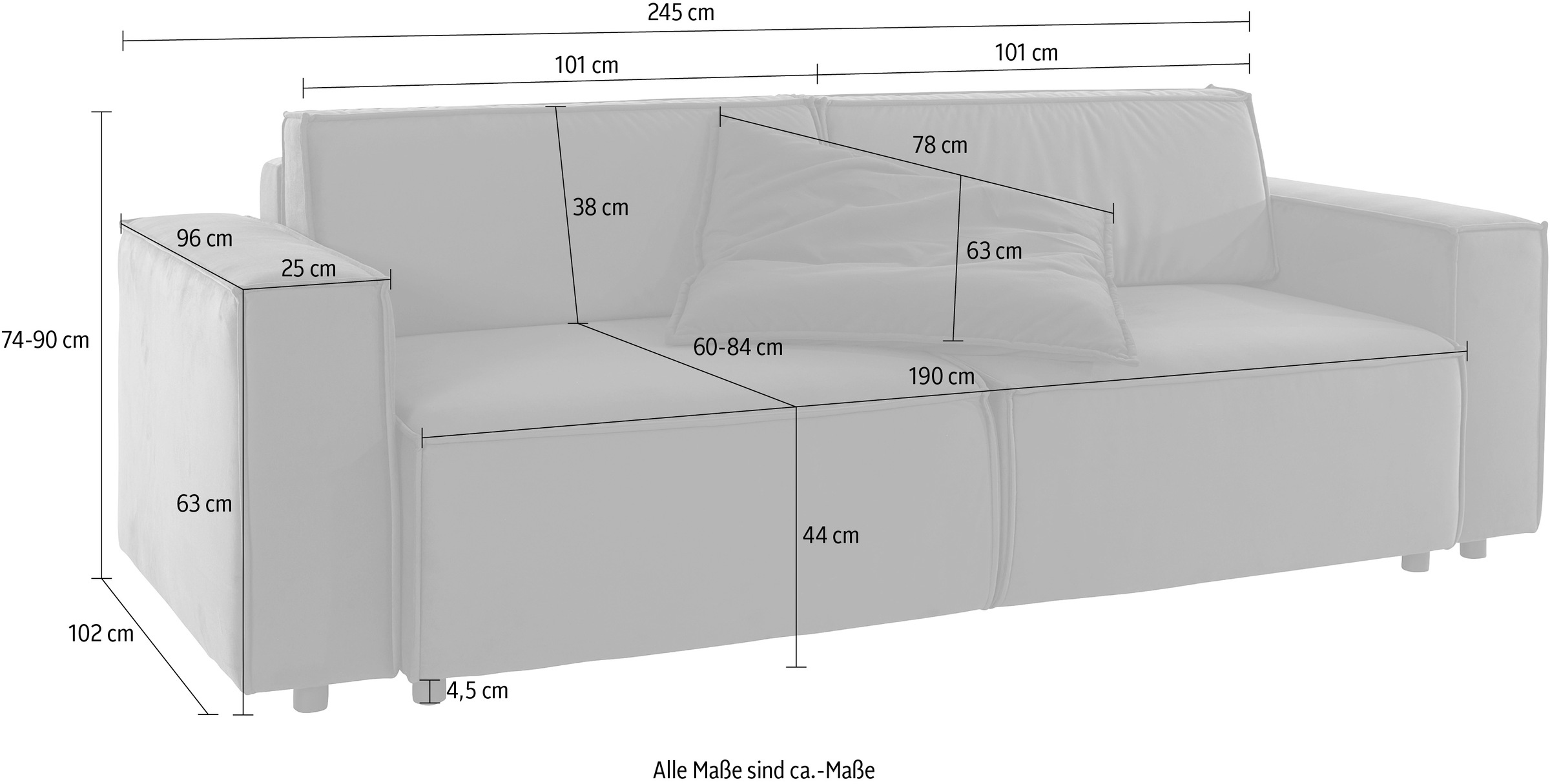 Home affaire Schlafsofa »Marva, B: 245 cm, Liegel. 152x190 cm« Schlaffunktion, Bettkasten & 1 Zierkissen, Federkern