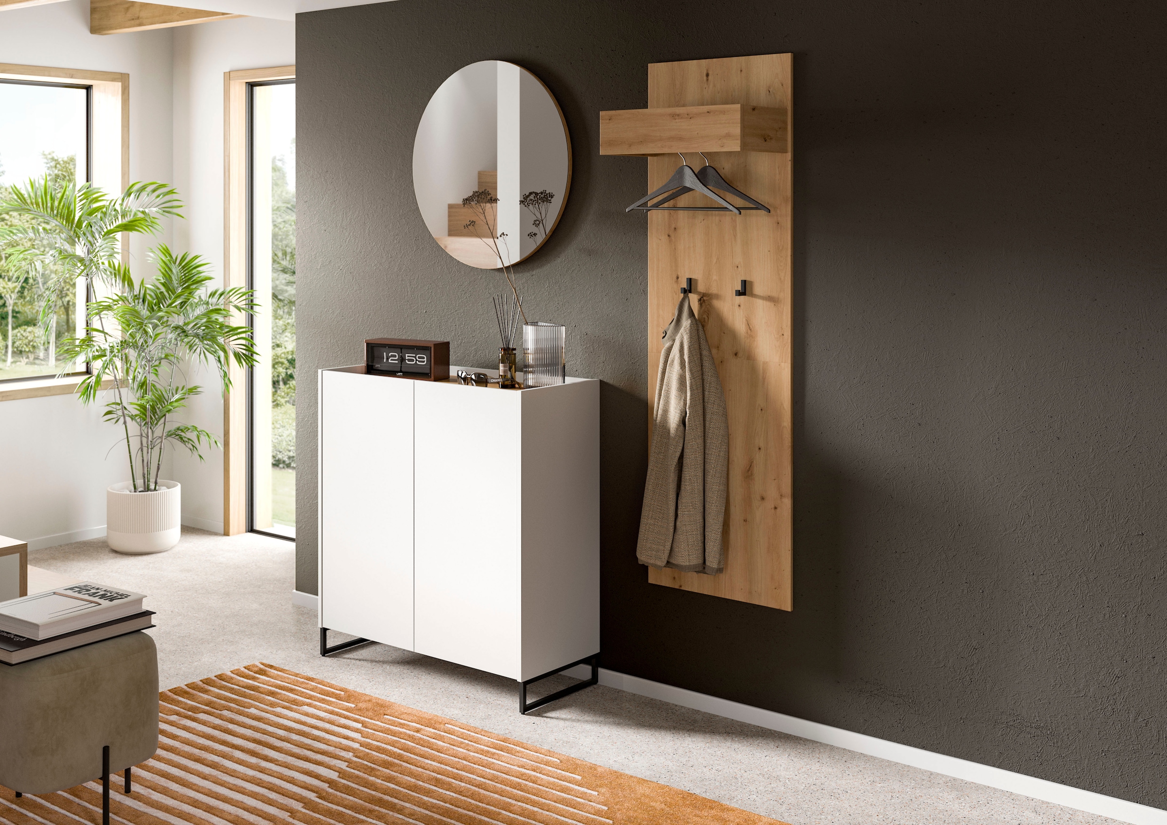 Home affaire Garderoben-Set »EVRID, 3-teilig, Breite 175 cm, individuell stellbar & erweiterbar« best. aus: Kommode, Spiegel & Garderobenpaneel, 3 Stk. tlg.