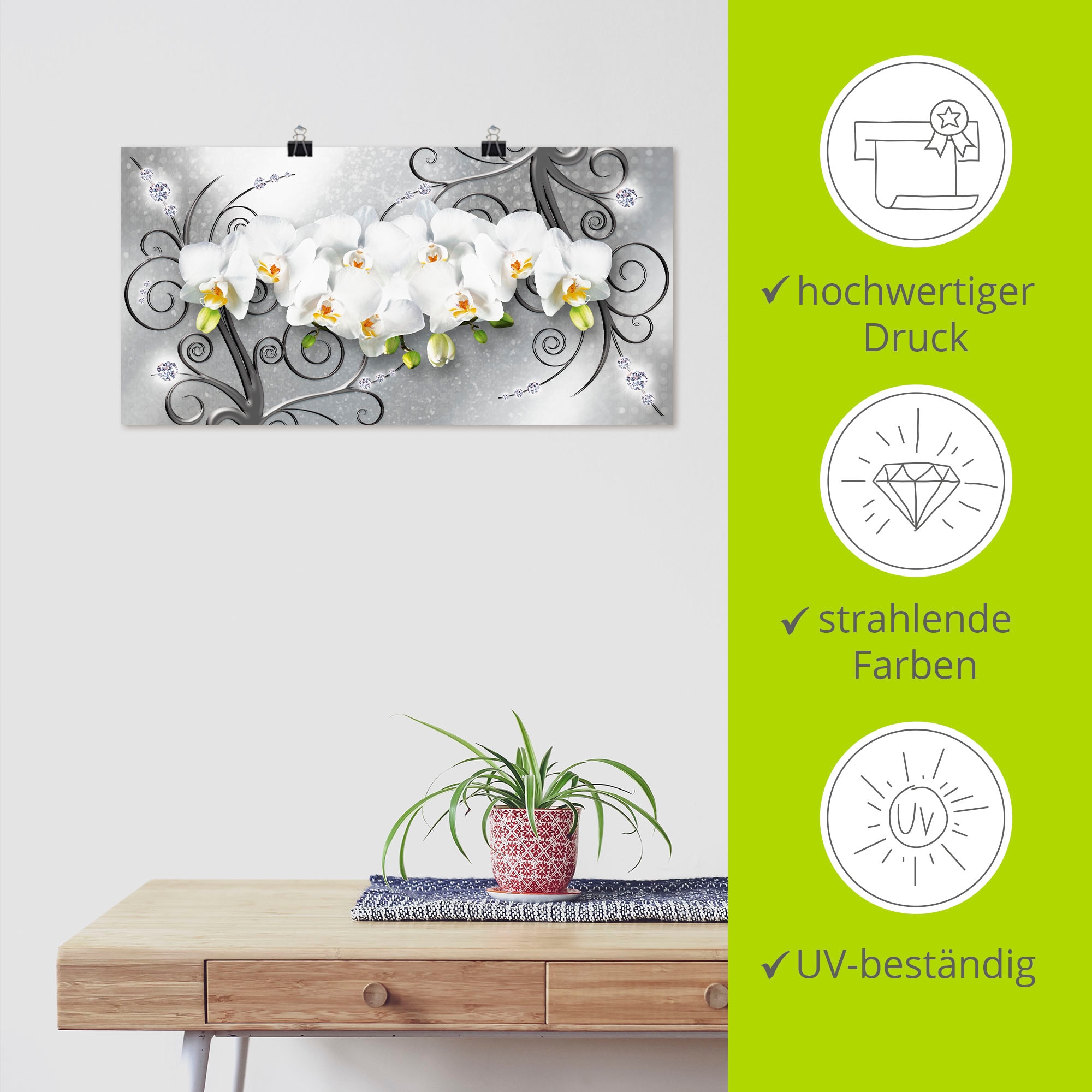 Artland Wandbild »weiße Orchideen auf Ornamenten« Blumenbilder 1 Stk. tlg. als Alubild, Outdoorbild, Leinwandbild, Poster, Wandaufkleber