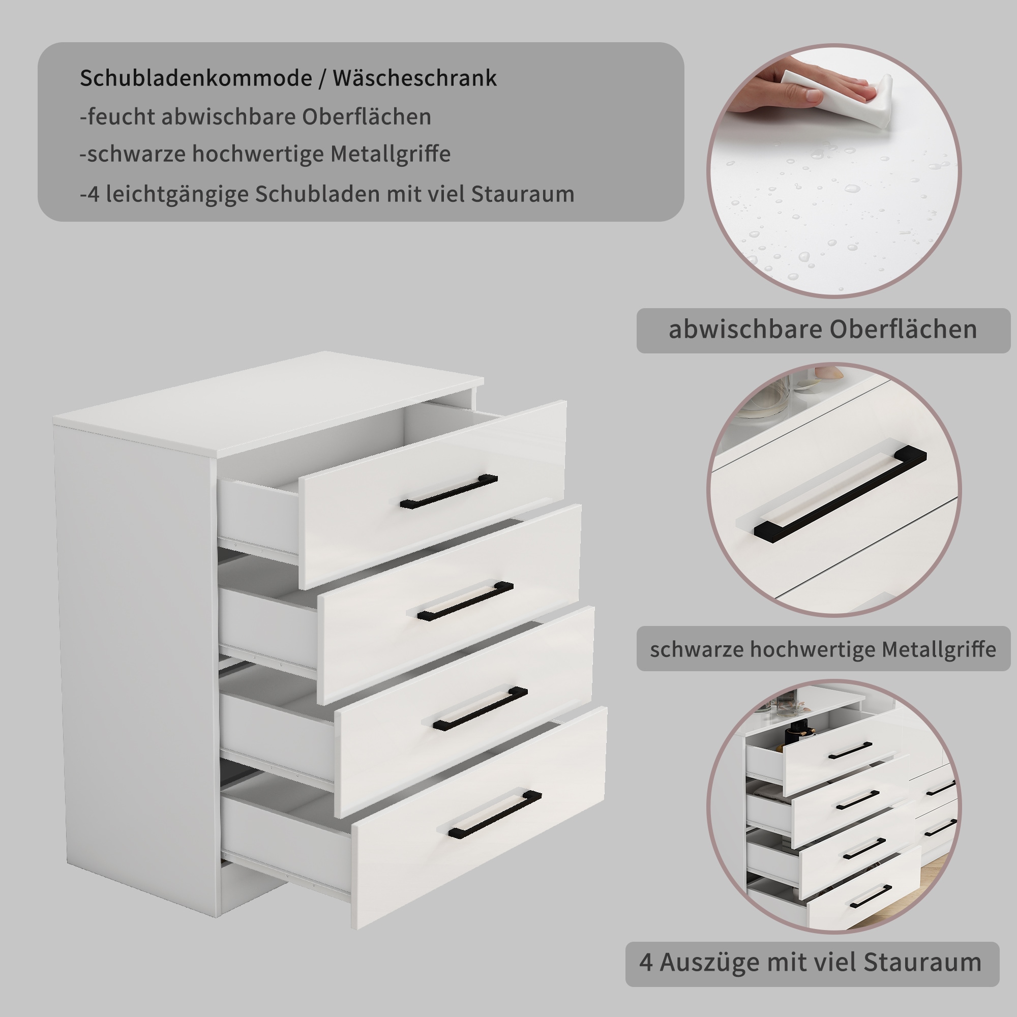 OTTO home Schubkastenkommode »Sylt Schlafzimmerkommode Kommode Wäscheschrank Bestseller« Viel Stauraum im Schlafzimmer mit hochglänzenden Fronten, 1 Stk. tlg. Beistellschrank mit 4 Schubladen