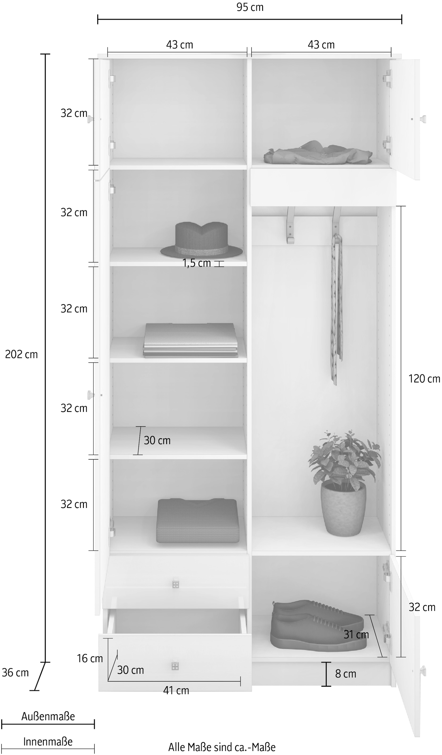 borchardt Möbel Garderobenschrank, viel Stauraum, Kleiderstange, Spiegel