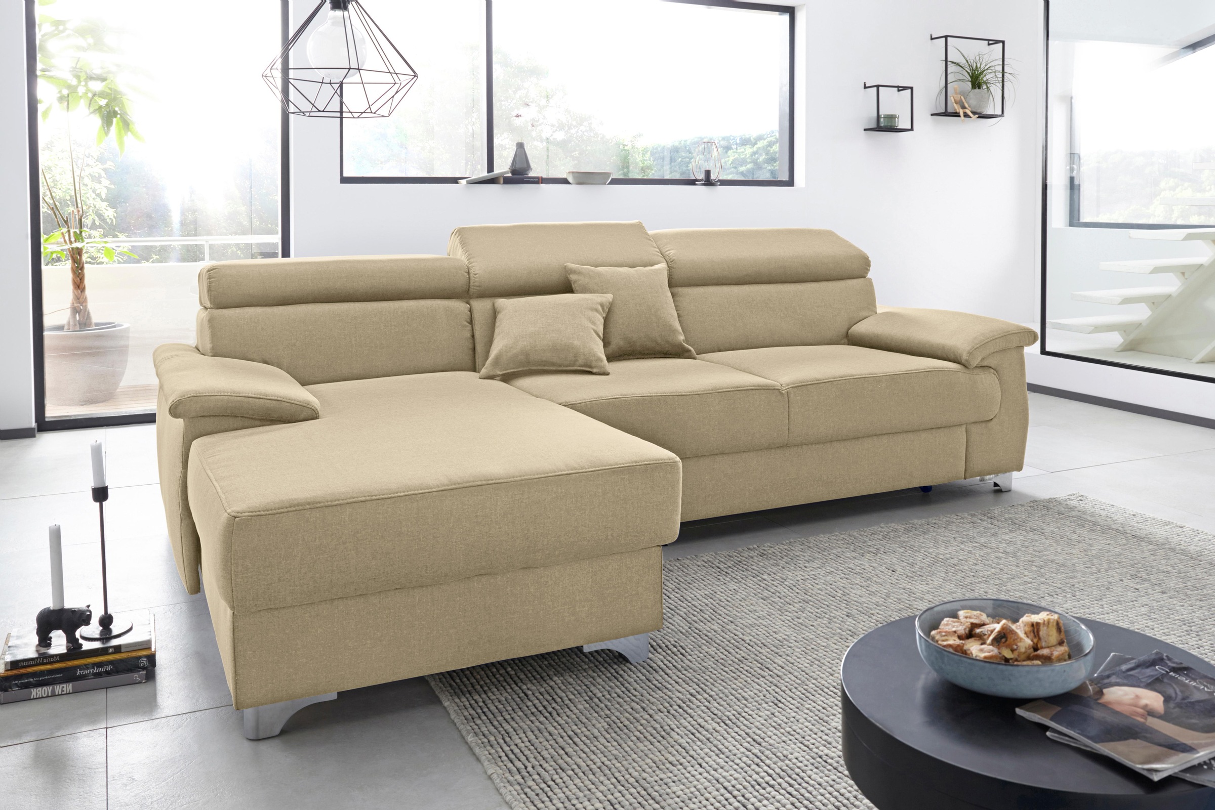 DOMO collection Ecksofa »Mira, inklusive Kopfteilverstellung für mehr Wohlfühlkomfort, L-Form«, wahlweise mit Bettfunktion und Bettkasten, elegant und modern