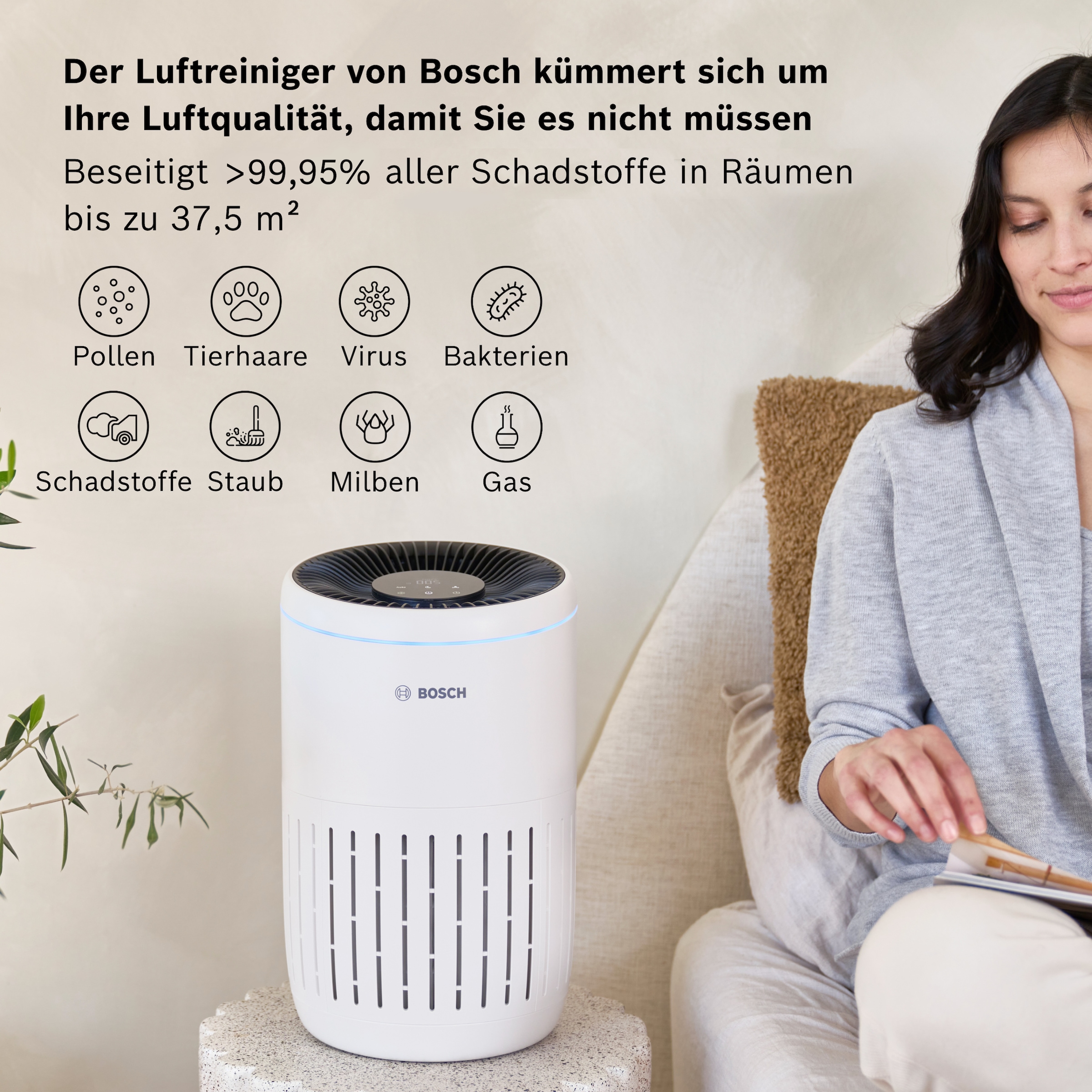 BOSCH Luftreiniger »Air 2000, filtert über 99% der Schadstoffe« für 37 qm Räume mit 3-in-1 Luftfilter, Automatik- und Ruhemodus )