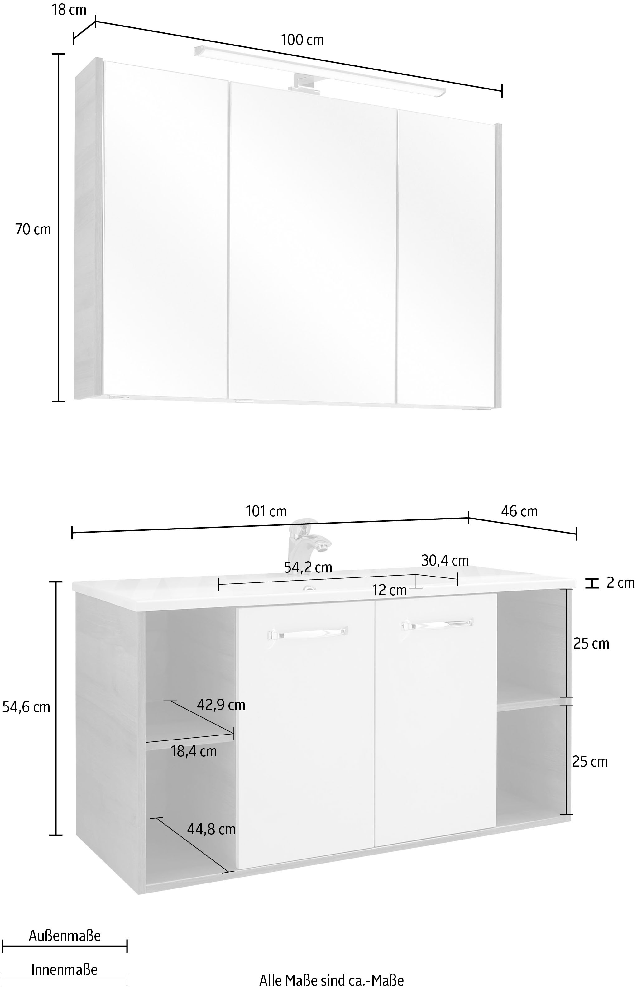 Saphir Badmöbel-Set »Quickset 362 2-teilig, Mineralmarmor-Waschtisch mit LED-Spiegelschrank«, (2 St.), Waschplatz 101 cm breit, 5 Türen, seitliche Ablagen, inkl. Türdämpfer