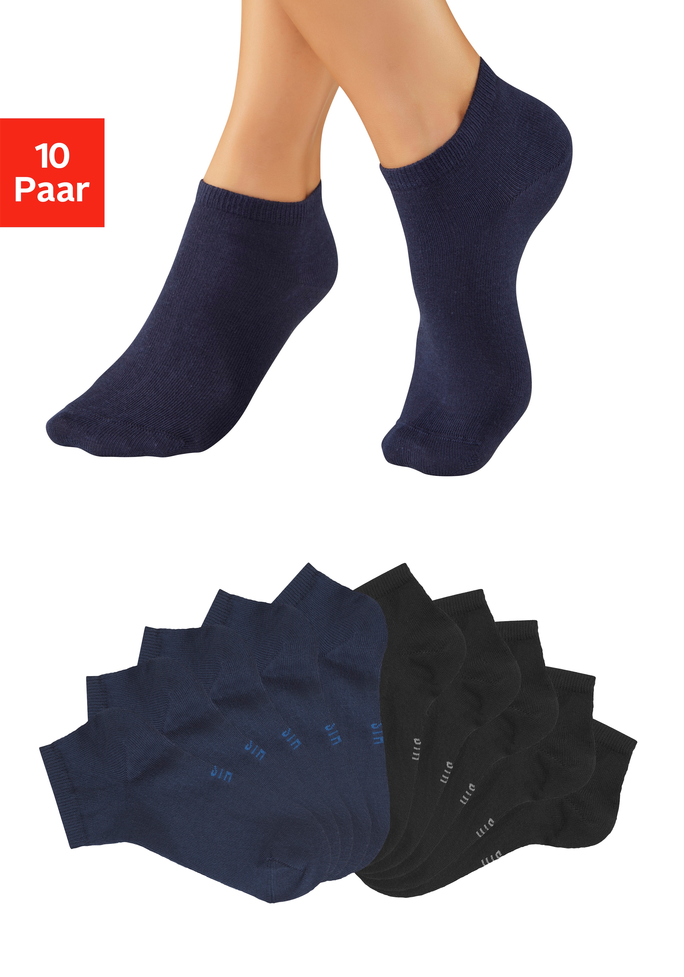 H.I.S Kurzsocken "Damen Sport Basic Socken, Laufsocken ohne Frottee" Packung, Großpackung, 10 Paar tlg. mit verstärkter Ferse und Spitze