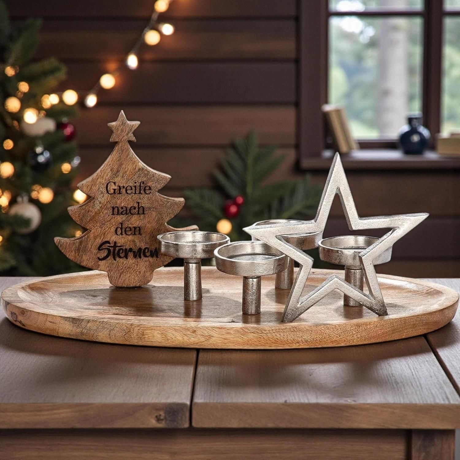 GILDE Kerzentablett »Adventsleuchter Sternmotiv, naturfarben, silberfarben«