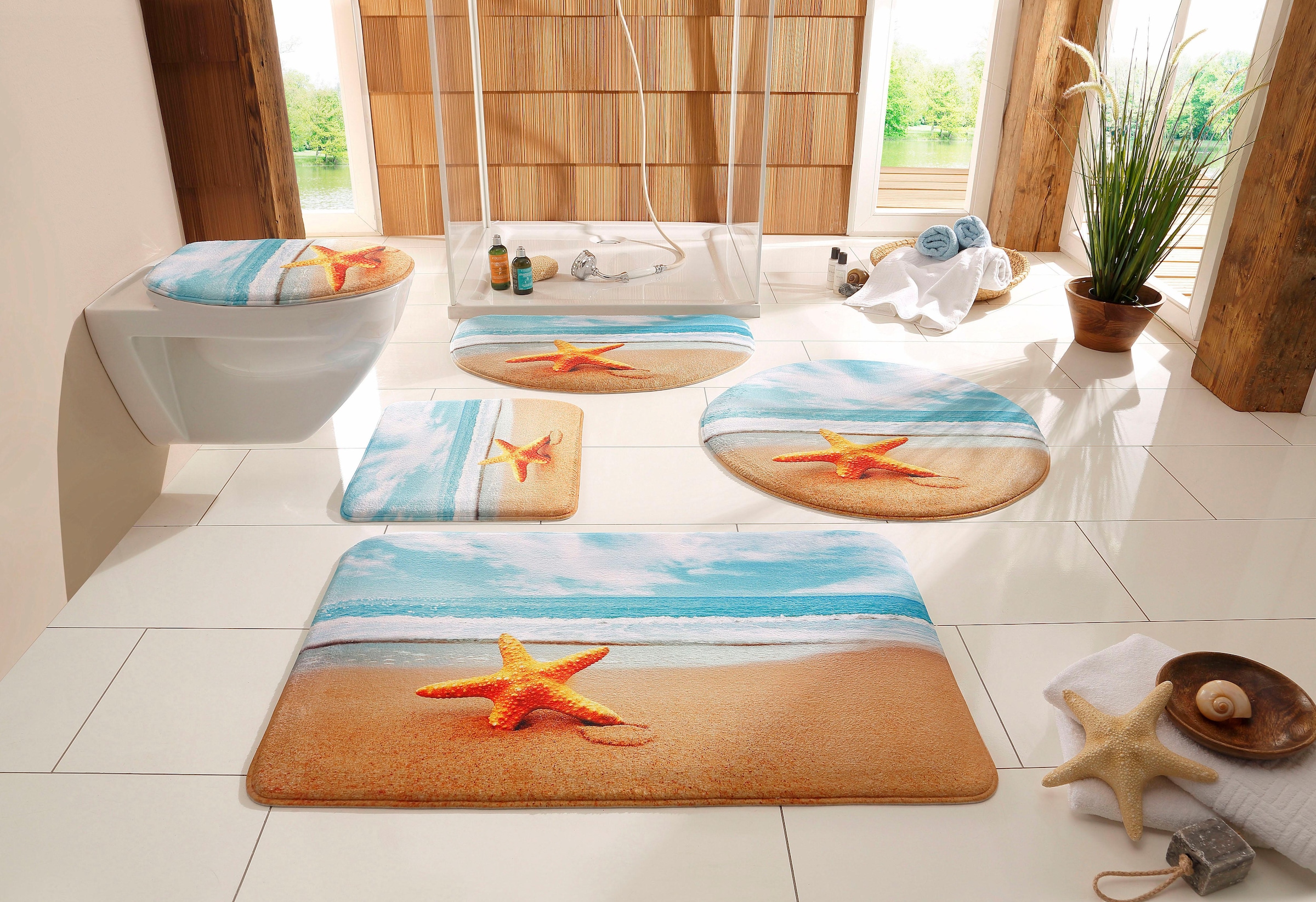 my home Badematte »Seestern«, rutschhemmend beschichtet-Memory Schaum, fußbodenheizungsgeeignet-schnell trocknend-strapazierfähig, Badteppich, Naturmotiv, Strand, Badematten auch als Set erhältlich