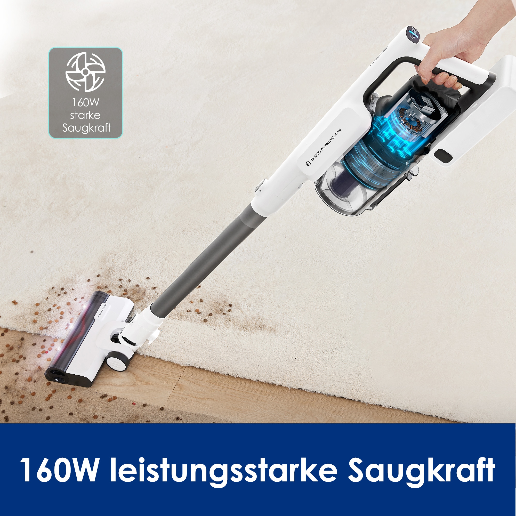 Tineco Akku-Stielstaubsauger »A30S Plus, 160Watt Saugleistung, 1L Staubbehälter, Schmutzerkennung« Anti Haar-Verhedderung, 60 Minuten Akku Laufzeit, Akku wechselbar