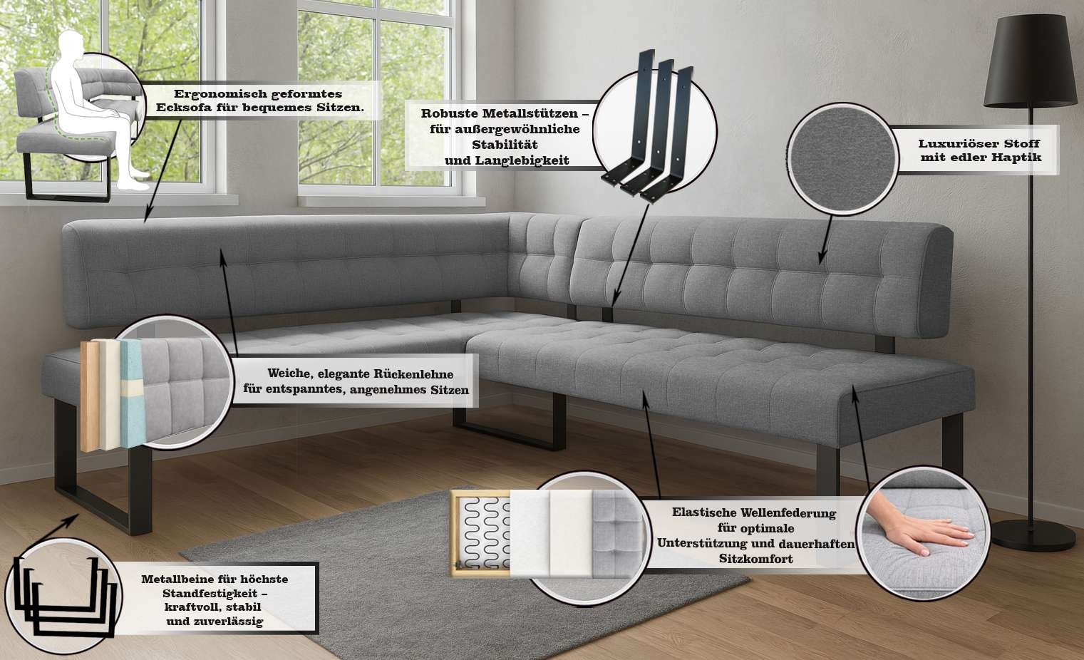 Home affaire Eckbank »Mia Küchenbank, Polsterbank, Esszimmerbank, 207x167 cm« Moderne Bank und  Farben, Sitzplatzanzahl: 5, Frei in Raum stellbar