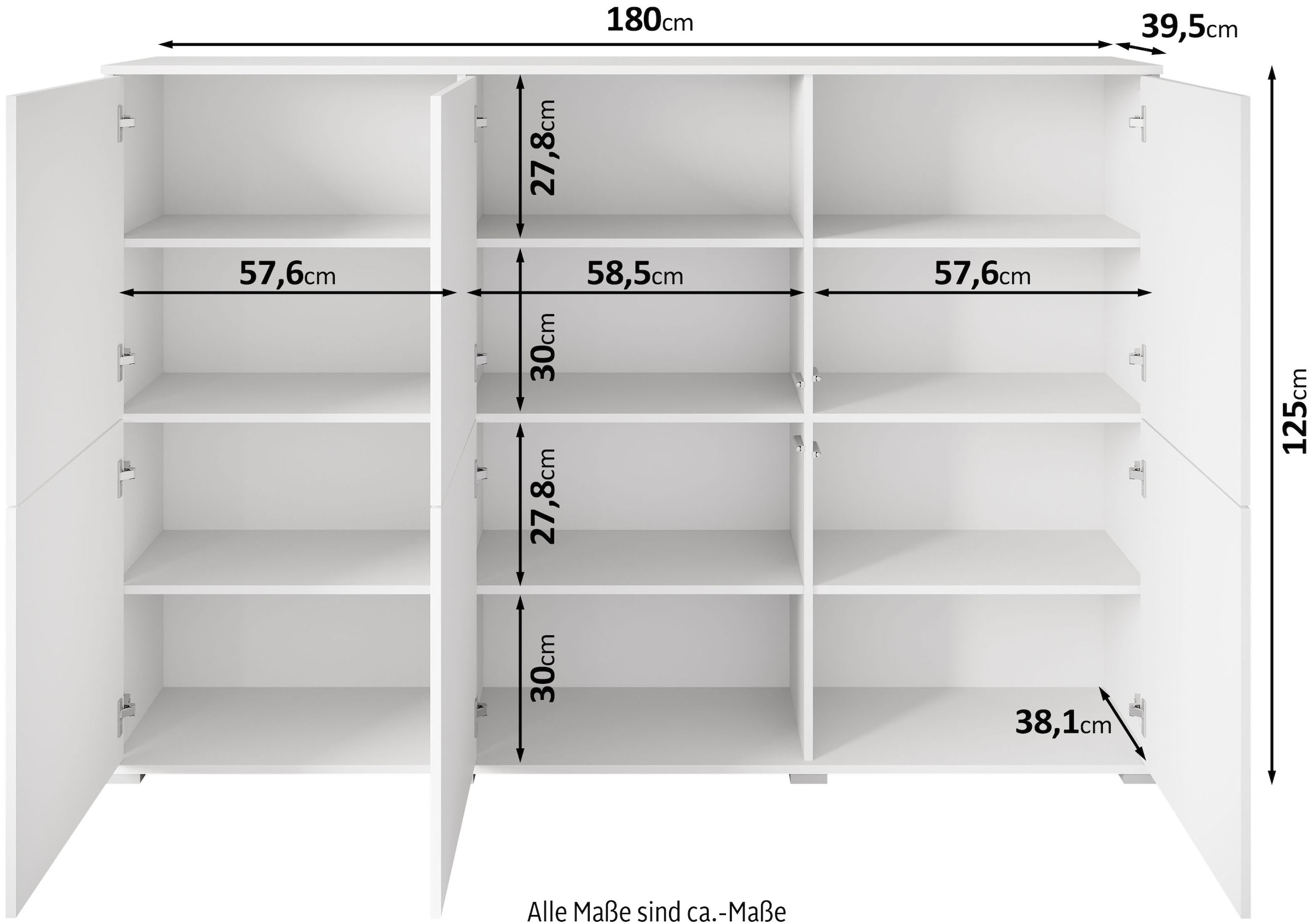 OTTO home Highboard »Kenia, moderne grifflose Hochkommode mit 6 Türen, Breite 180 cm« 1 Stk. tlg. Push-to-Open-Fronten, höhenverstellbaren Einlegeböden