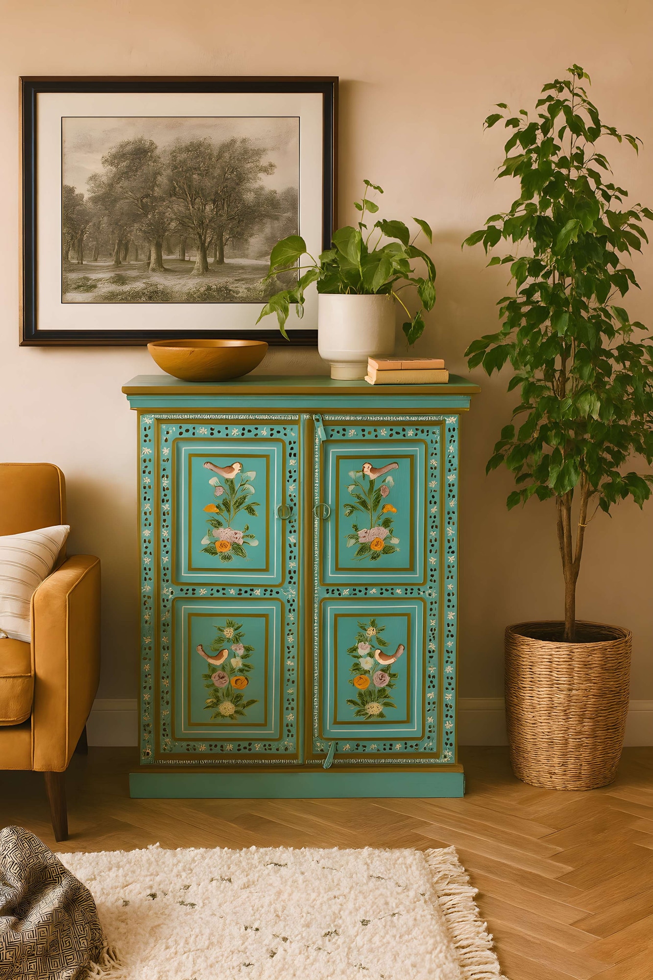 OTTO home Highboard »Prem« mit dekorativen Fräsungen, handbemalt, Unika-Möbel, Breite 87 cm