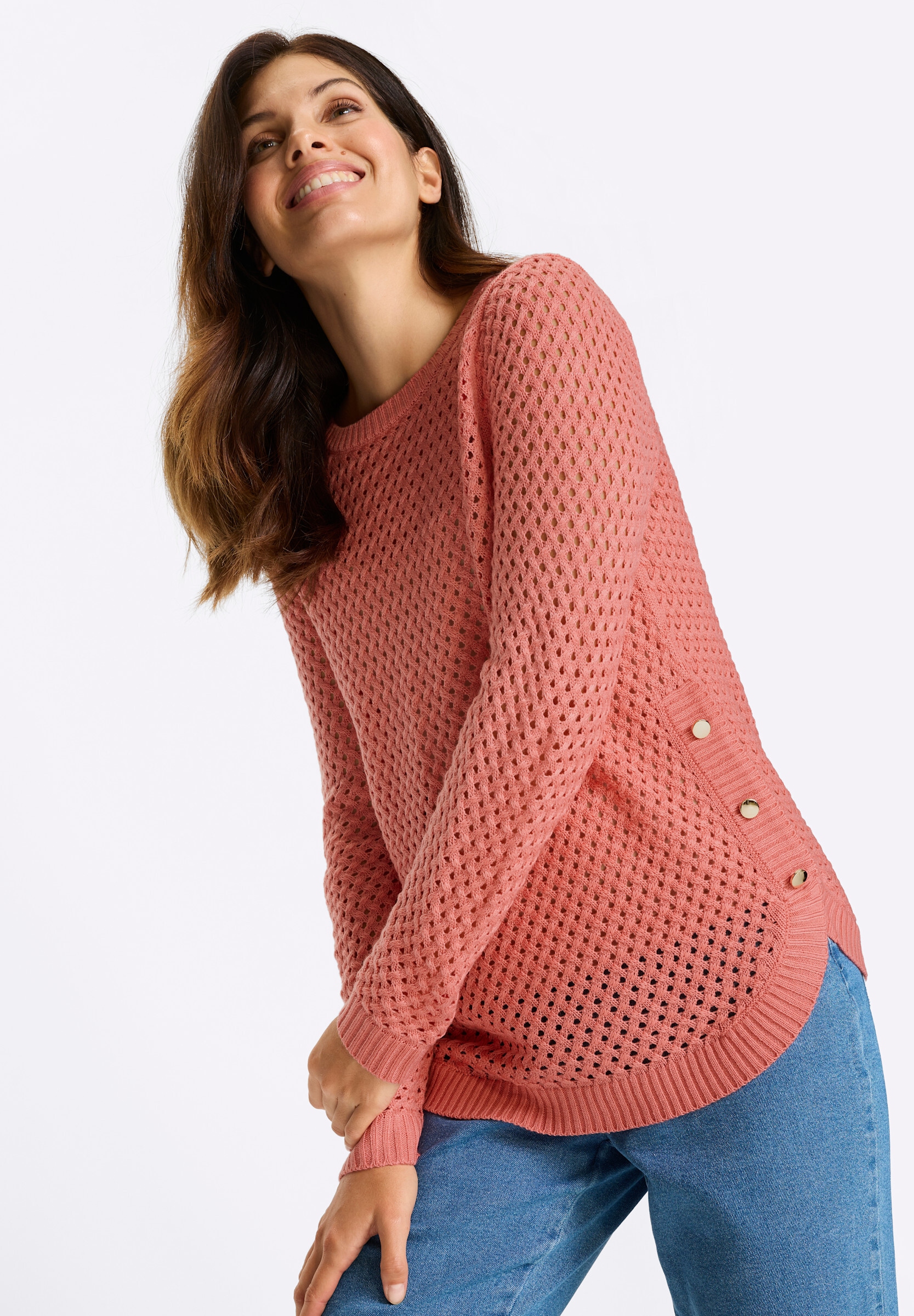 Sieh an! Strickpullover »Ajour-Pullover Ajourpullover mit Zierknöpfen am Saum«