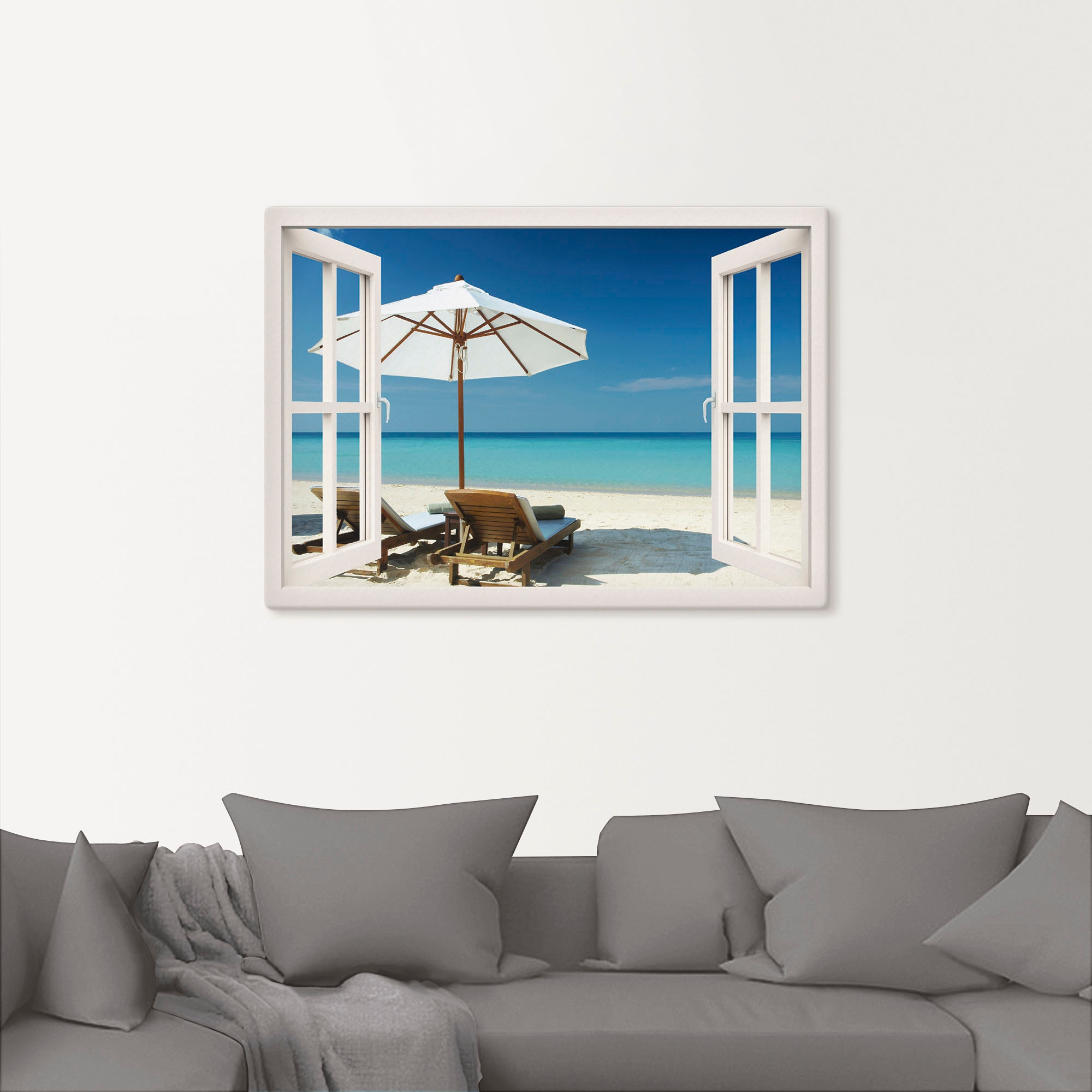Artland Leinwandbild »Fensterblick - Zwei Liegestühle« Fensterblick 1 Stk. tlg. auf Holzrahmen gespannt