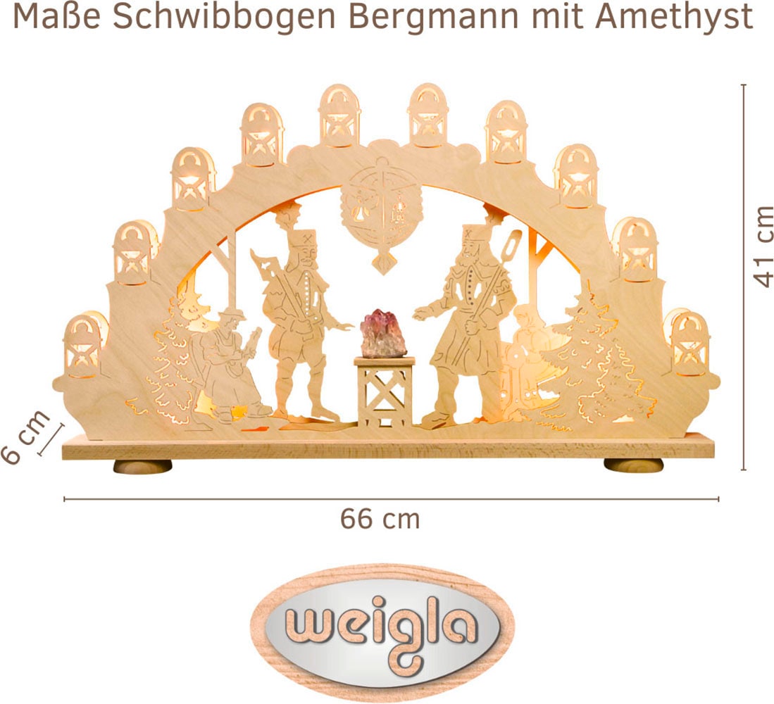 Weigla LED Schwibbogen »Bergmann mit Amethyst, Lichterbogen aus Holz, NATUR, Made in Germany« 1 Stk. Erzgebirge garantiert, Weihnachtsdeko Innen, Weihnachtsbeleuchtung