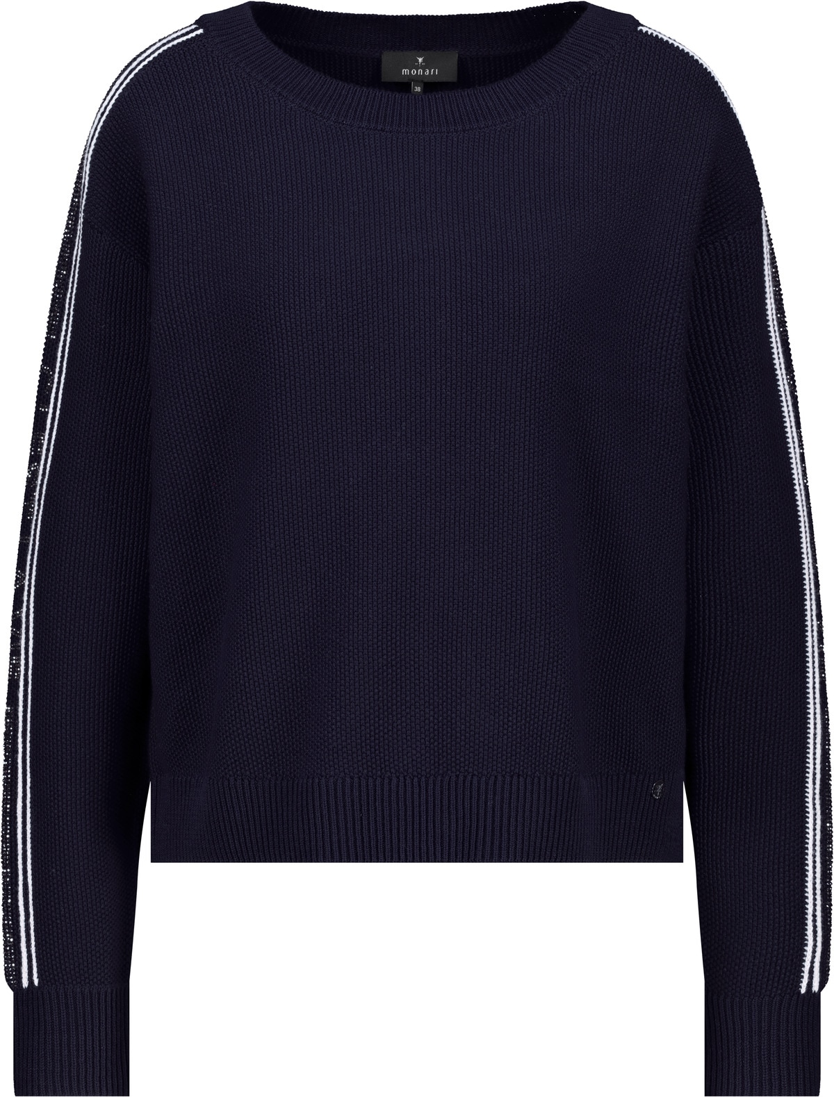 Monari Strickpullover Regular Fit, Streifendetails, Strasssteinschriftzug