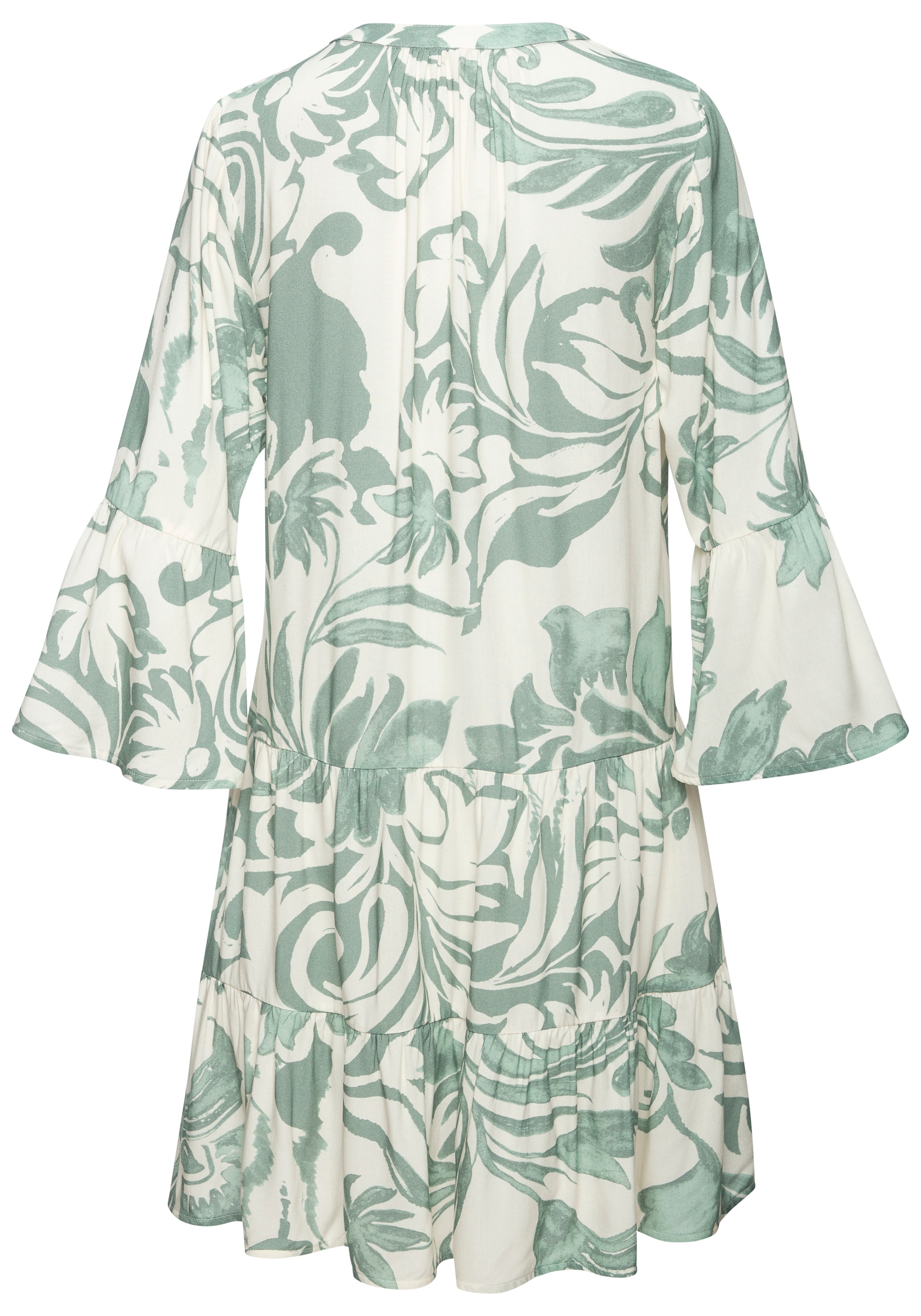 Vivance Tunikakleid »im sommerlichen Boho-Stil mit Volant aus Viskose-Webware« Ohne Taschen luftiges Sommerkleid mit 3/4 Ärmeln, Strandkleid, Longbluse