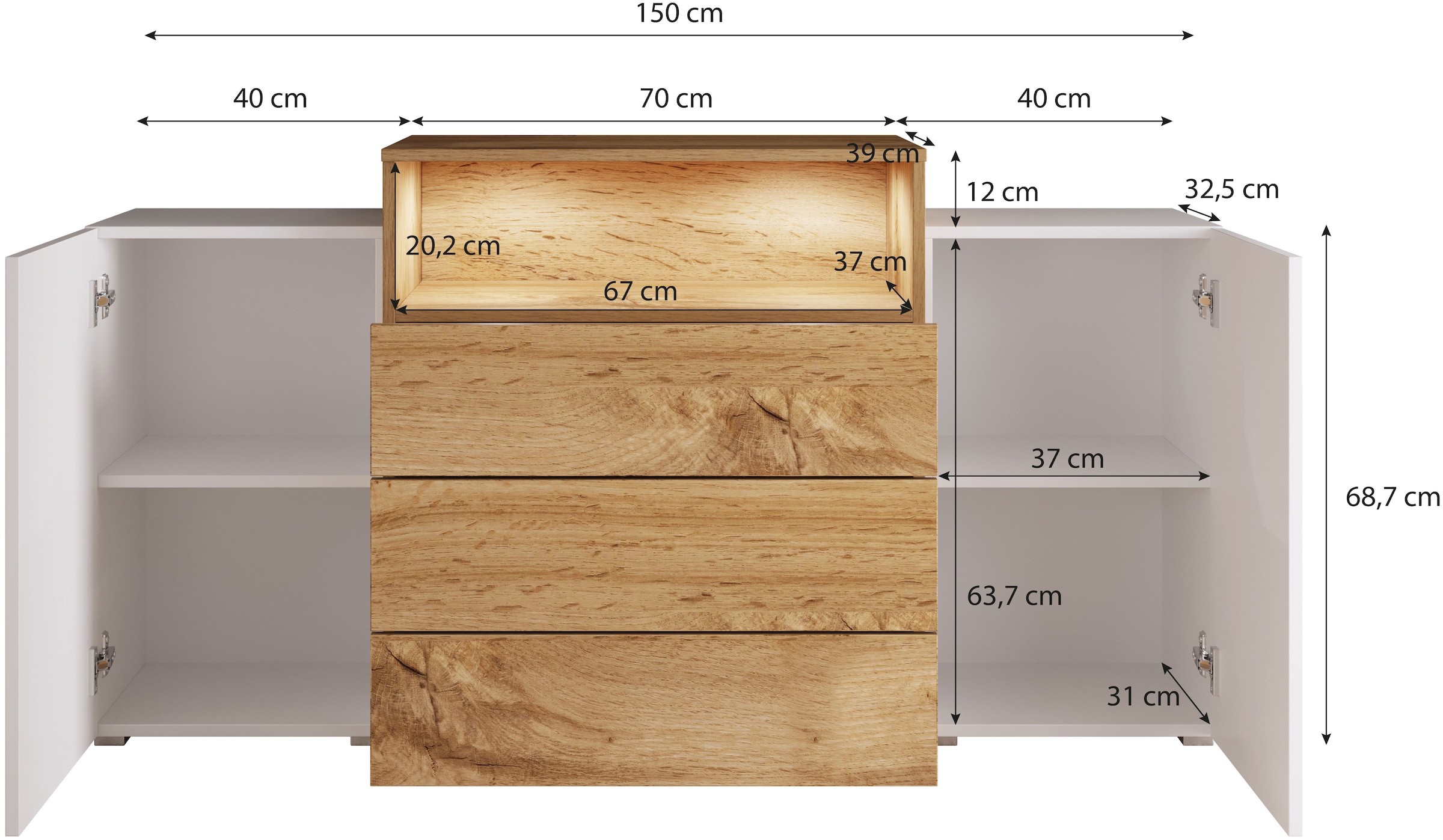 Home affaire Sideboard »URBAN III« Moderne Kommode mit 3 Schubladen und 4 Fächern, Breite 150 cm
