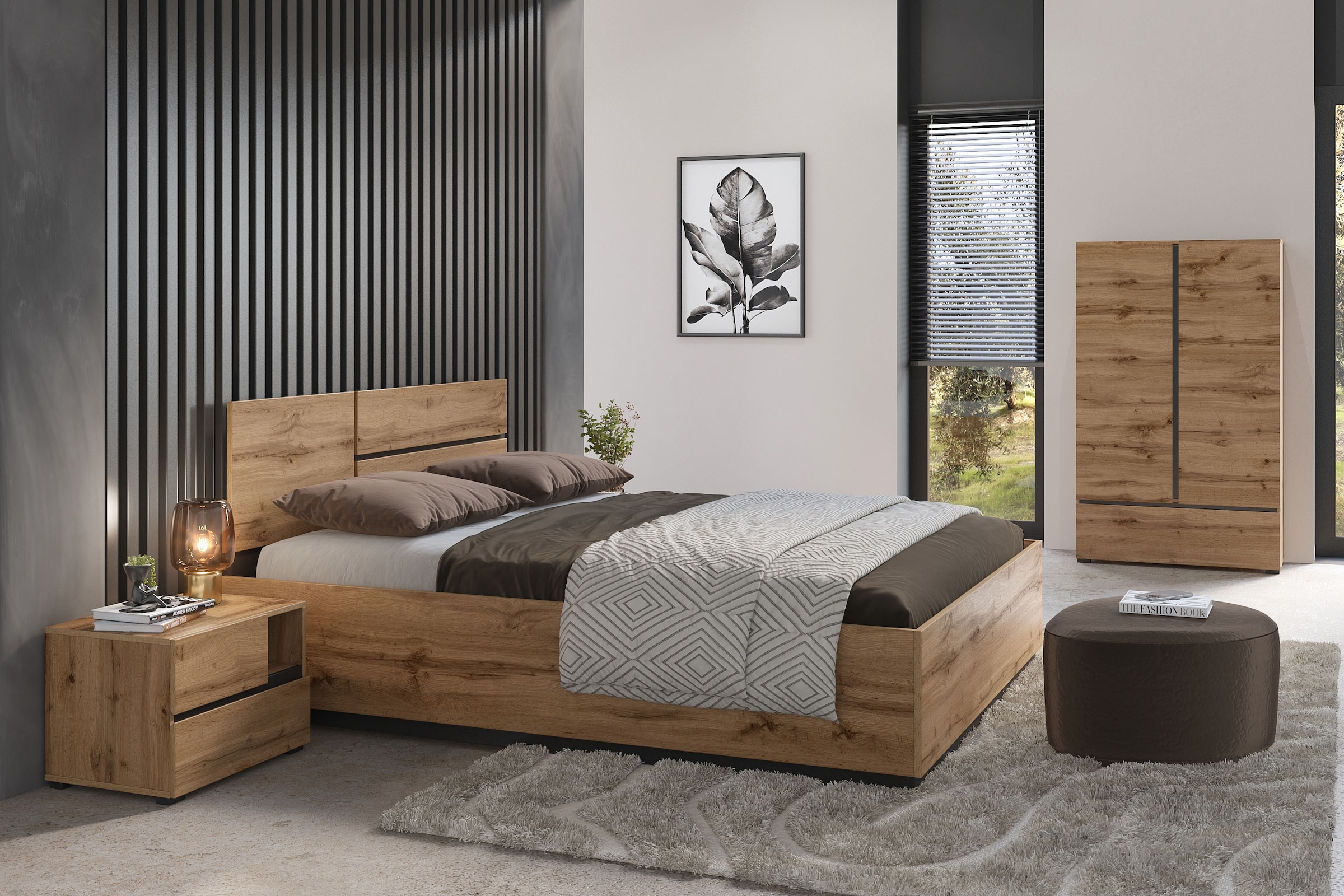 Home affaire Schlafzimmer-Set »Cross, moderne, grifflose Optik, FSC-zertifiziert«, (4 tlg., Bett 180x200cm, 2 Nachtkommoden, Schrank 2-oder 4-türig), Komplettschlafzimmer-Set