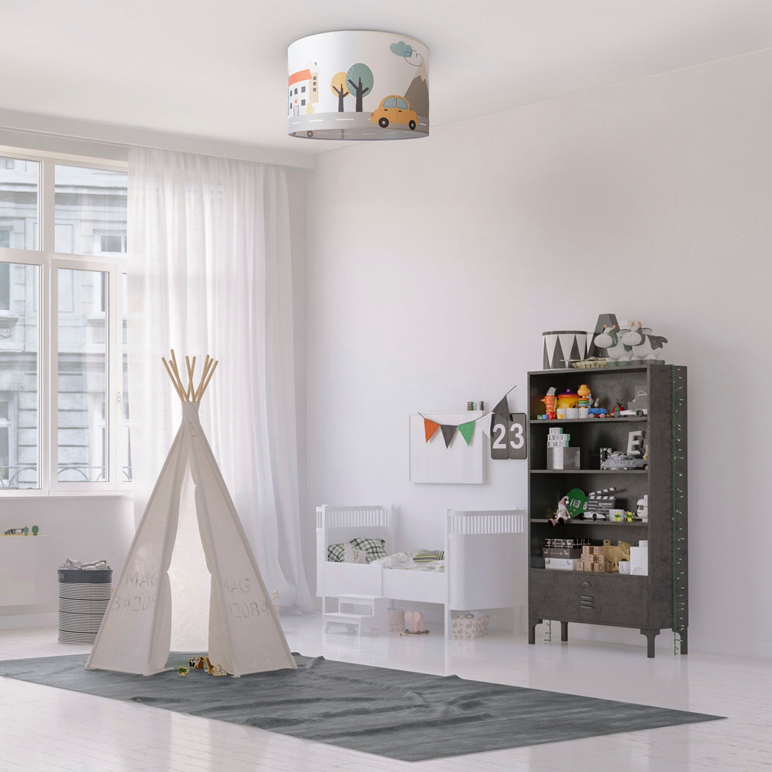 Paco Home Deckenleuchte »Hugo Capri«, Leuchtmittel E27 | ohne Leuchtmittel, Kinderzimmer Deckenleuchte Spielzimmer Baby Straße Auto Wolken