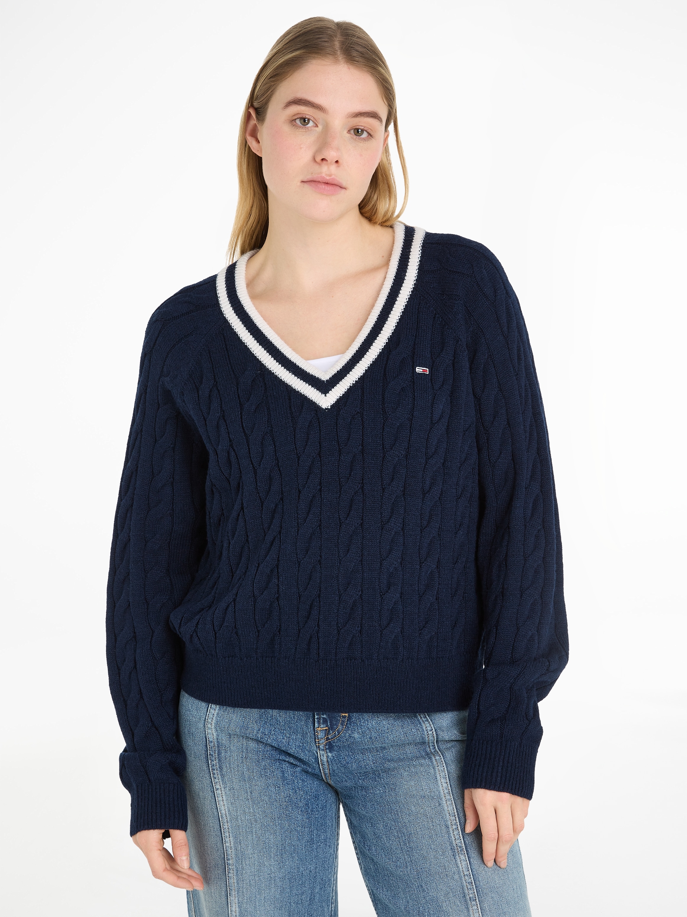 SWEATER«, V-Ausschnitt-Pullover mit Logostickerei V-NECK Jeans Tommy ♕ »TJW CABLE bei