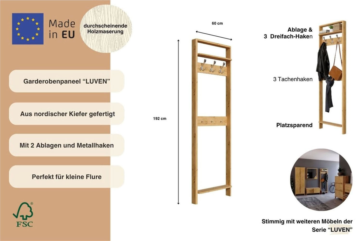 OTTO home Garderobenpaneel »Luven« FSC® zertifiziertes Massivholz