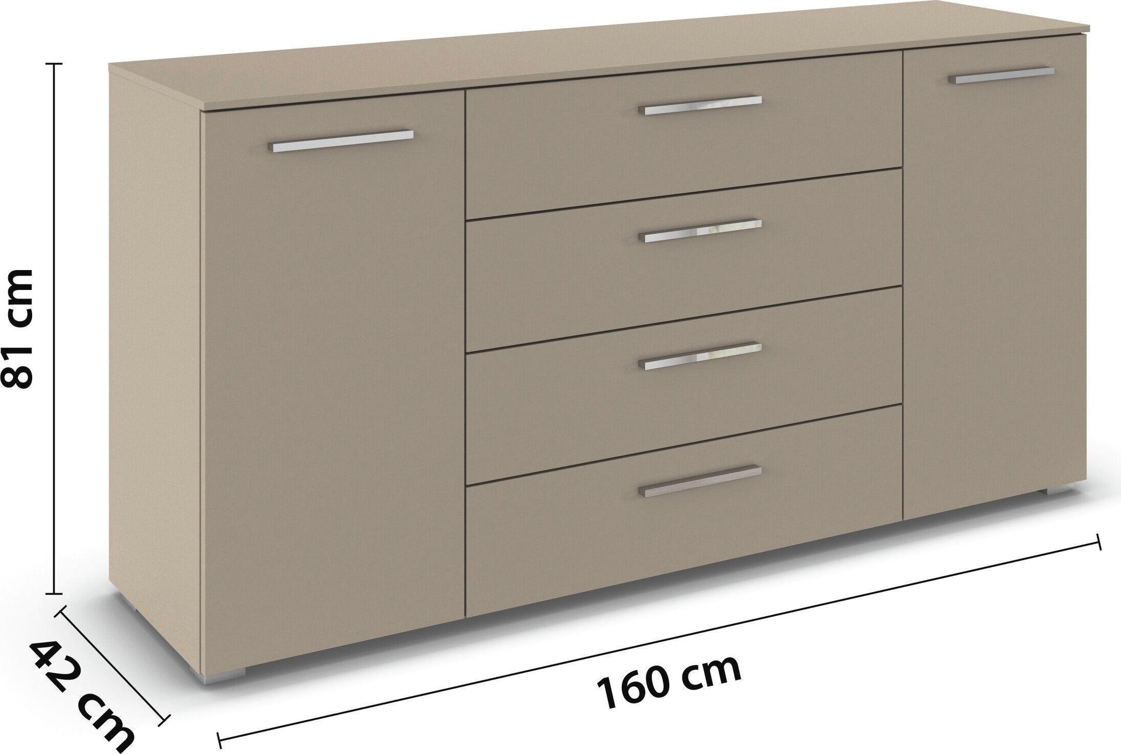 rauch Kombikommode »Sideboard Schubkommode Kommode MONTCLAR Front Dekor/Hochglanz/Glas« Breite 160 / Höhe 81 cm, 2 Einlegeböden, inkl. Soft-Close-Funktion,  2-türig, 4 geräumige Schubladen, viele Griffvarianten MADE IN GERMANY