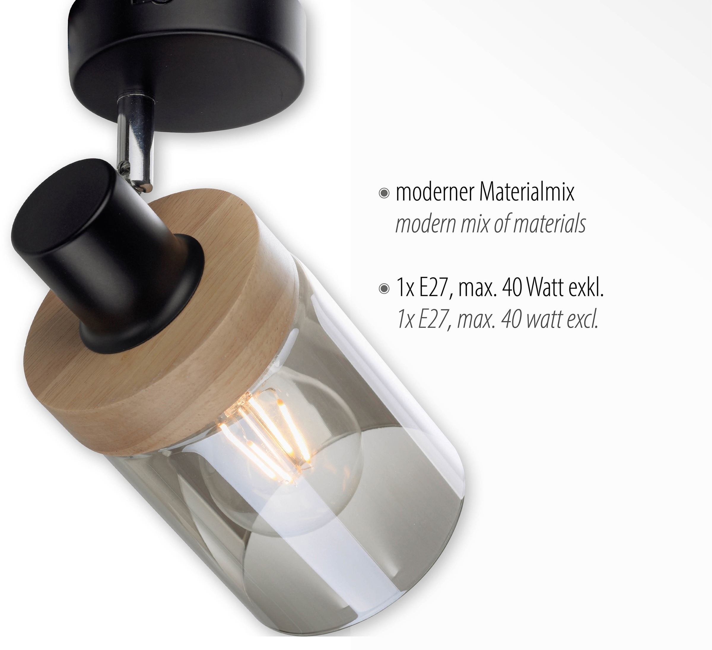Home affaire XXL »Tendon«, 1 Rauchglas, kaufen flammig-flammig, Wandlampe, 3 geeignet Garantie Glas, Wandleuchte Jahren - online mit | für E27 Leuchtmittel Holz