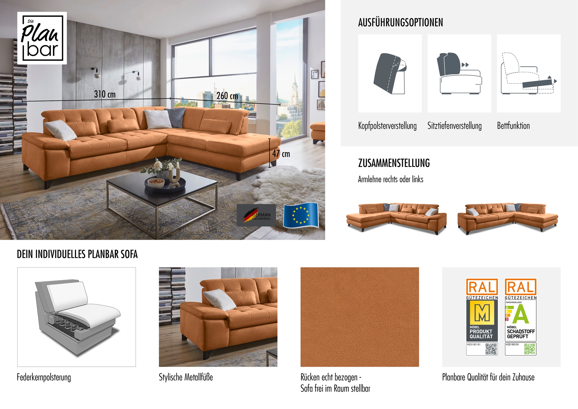 Die PlanBar Ecksofa »MP-IN18012 L-Form mit Federkern-Polsterung« wahlweise mit Funktion
