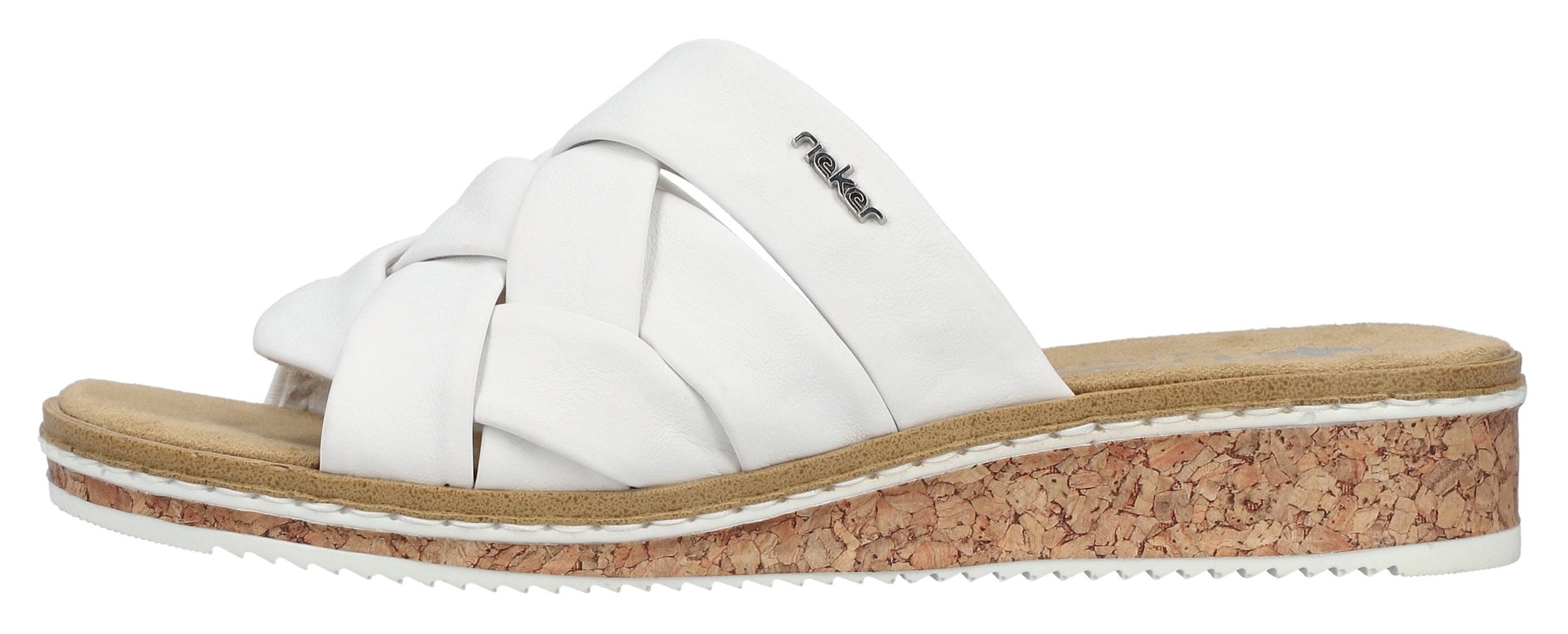 Rieker Pantolette, Sommerschuh, Schlappen, Hausschuh, Urlaubschuh mit Absatz in Korkoptik