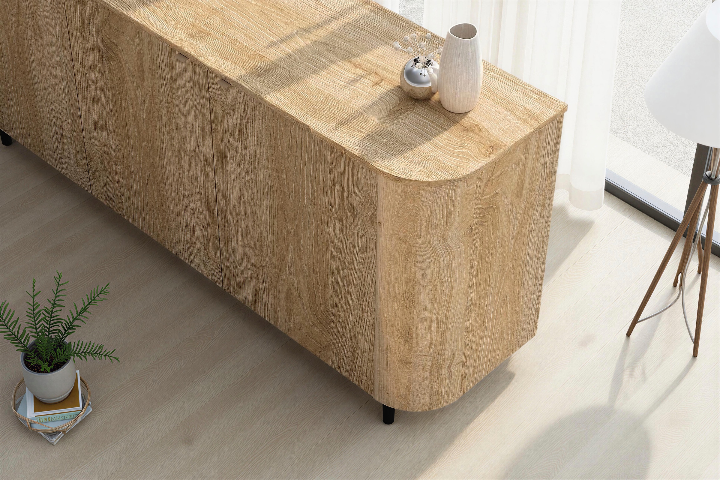 Home affaire Sideboard »Murano, 181 cm breit, 3 Türen, Anrichte, Kommode, Stauraumschrank« Formgebogenes MDF, Stirnseiten mit Rundung, Füße und Griffe aus Metall