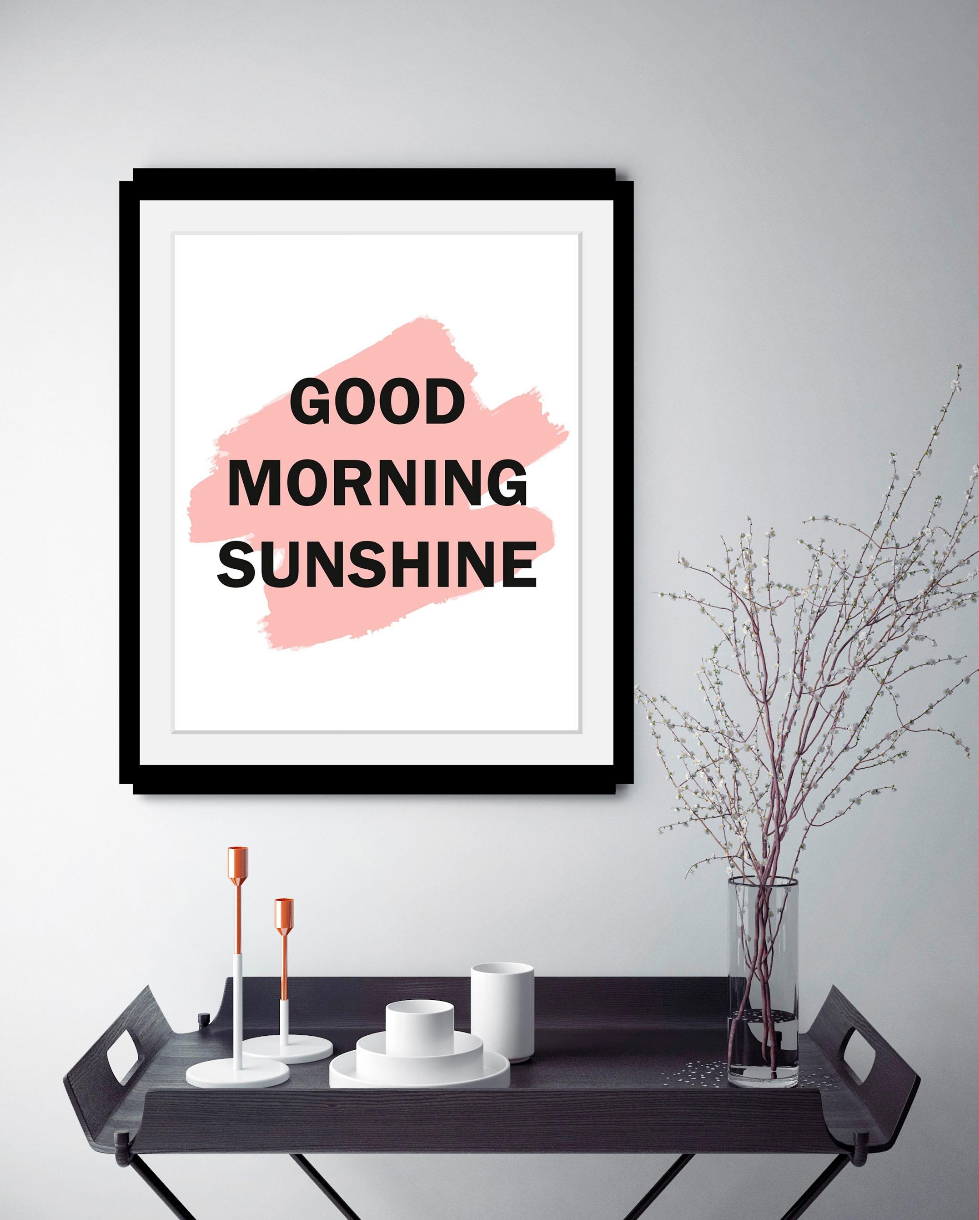 queence Bild »Good Morning«, Schwarz-Weiß-Schriftzug-Motivationsbilder, HD Premium Poster-Druck inkl. Holzrahmen