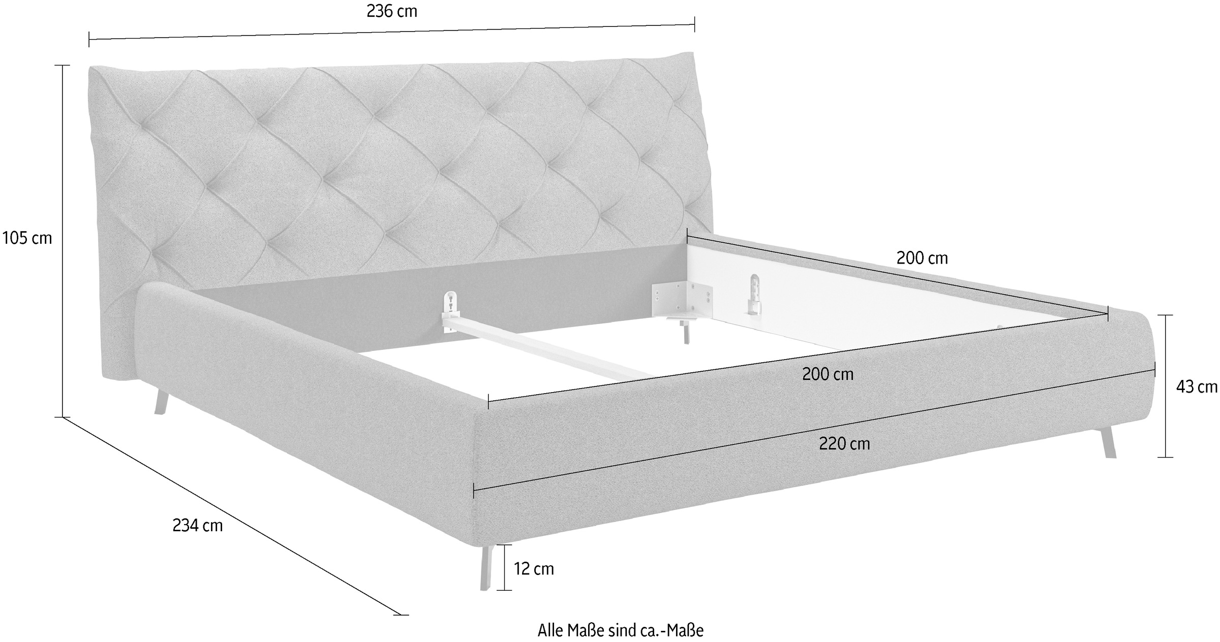 Leonique Polsterbett »Elloree, in 4 Breiten bis 200cm, auch in Leder«, Kopfteilhöhe 105 cm, belastbar bis 280 kg, auch in Überlänge 220cm