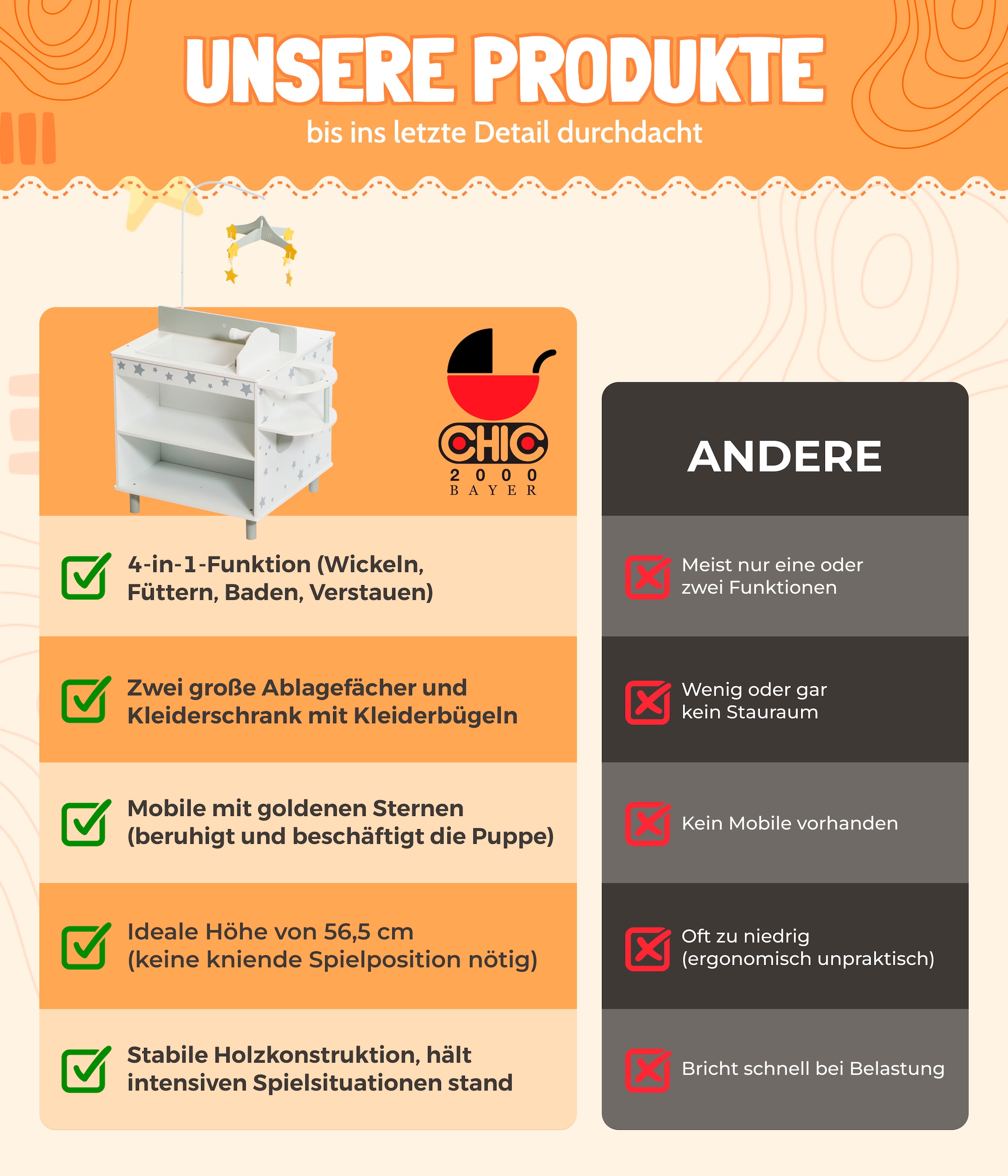 CHIC2000 Puppenwickeltisch »Puppen-Wickelstation Stars grey«, mit Mobile