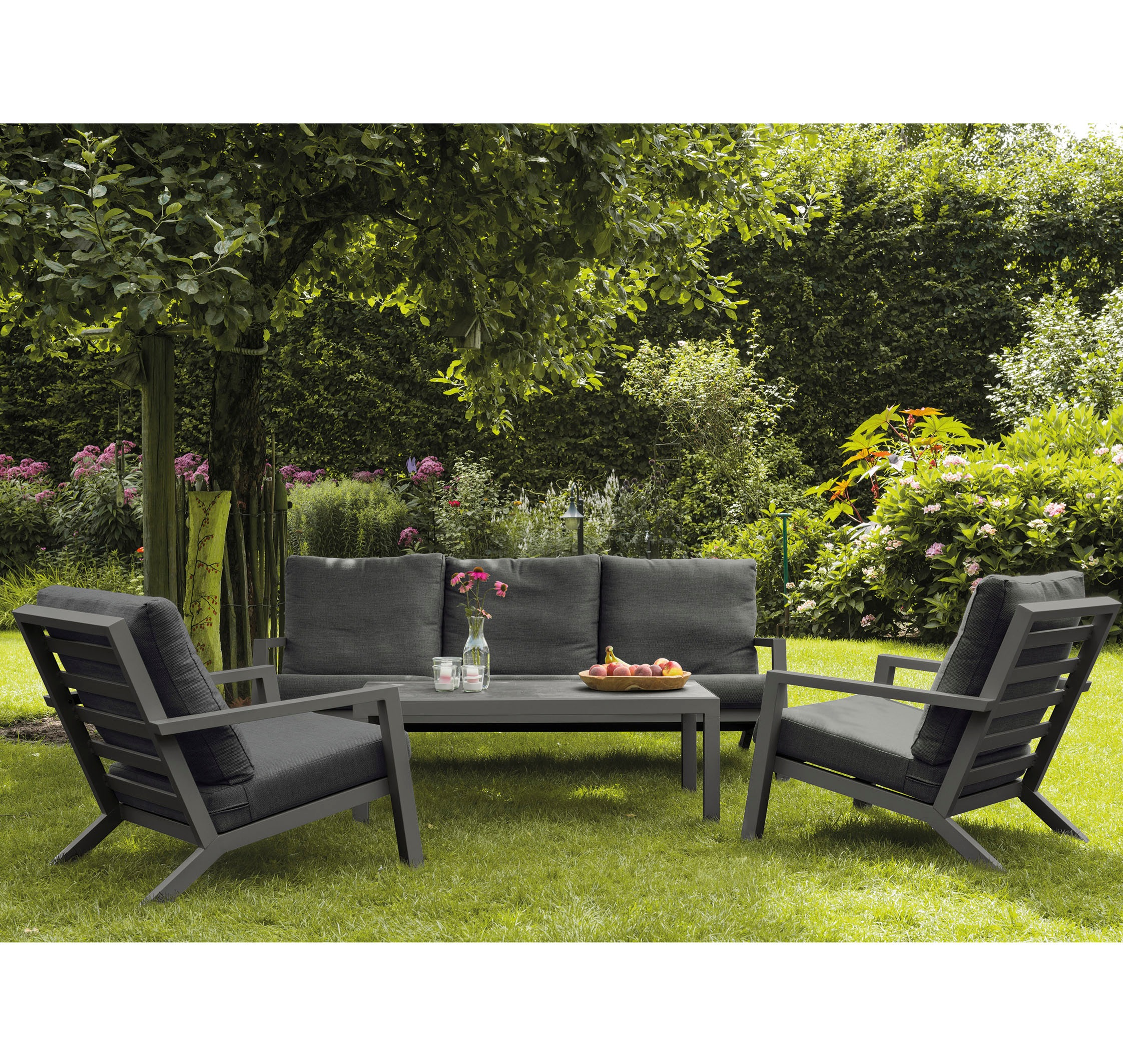 Siena Garden Gartenlounge-Set »Belia«, (Set, 14 tlg.), bestehend aus 2 Sesseln, 1 Sofa, 1 Tisch und 10 Auflagen