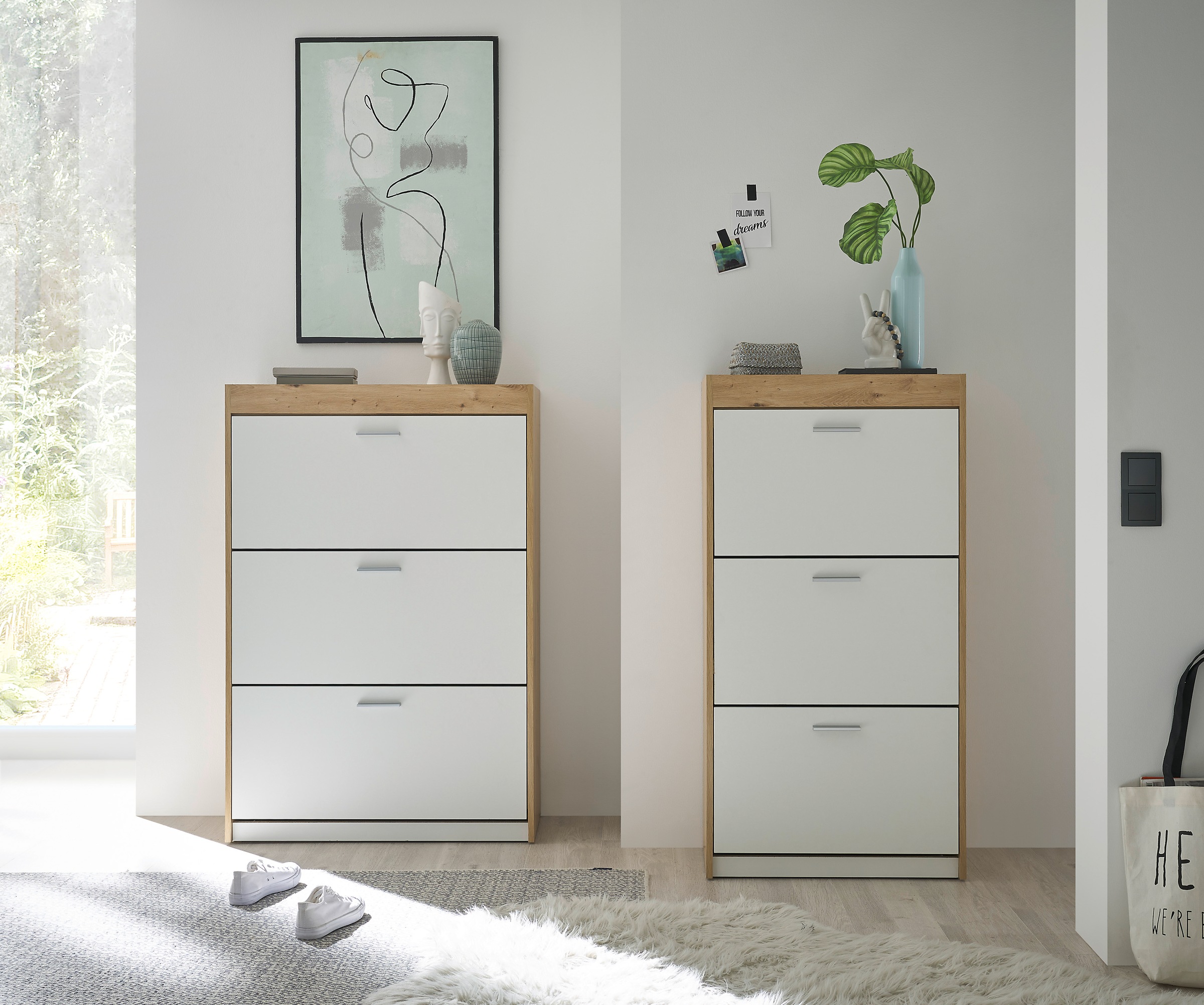 HBZ Schuhschrank »Paris weiß matt, BxHxT 64x126x38 cm«, (1 St.), Schuhkipper mit 3 Klappen, Platz für ca. 12-18 Paar Schuhe