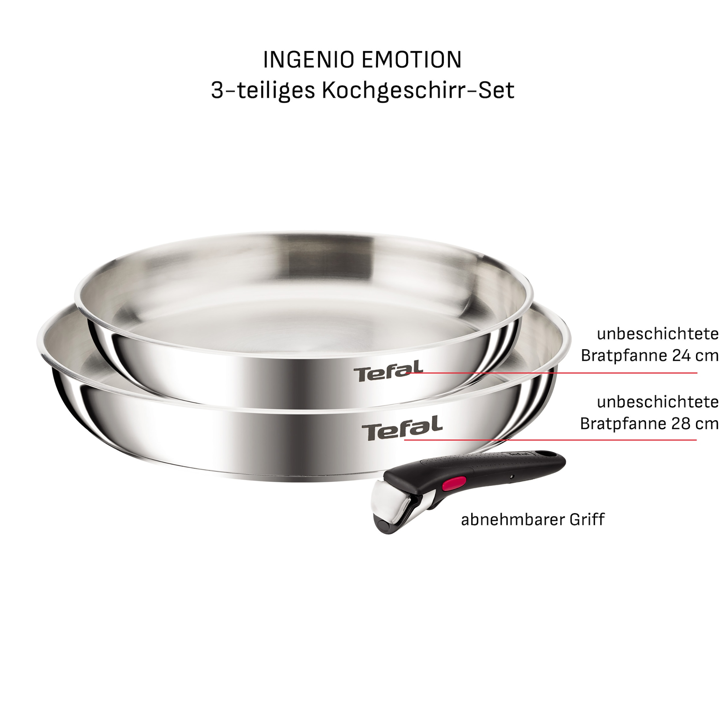 Tefal Pfannen-Set »Ingenio Emotion« Edelstahl Set, 3 tlg. abnehmbarer Ingenio-Griff, stapelbar, unversiegelt, induktionsgeeignet
