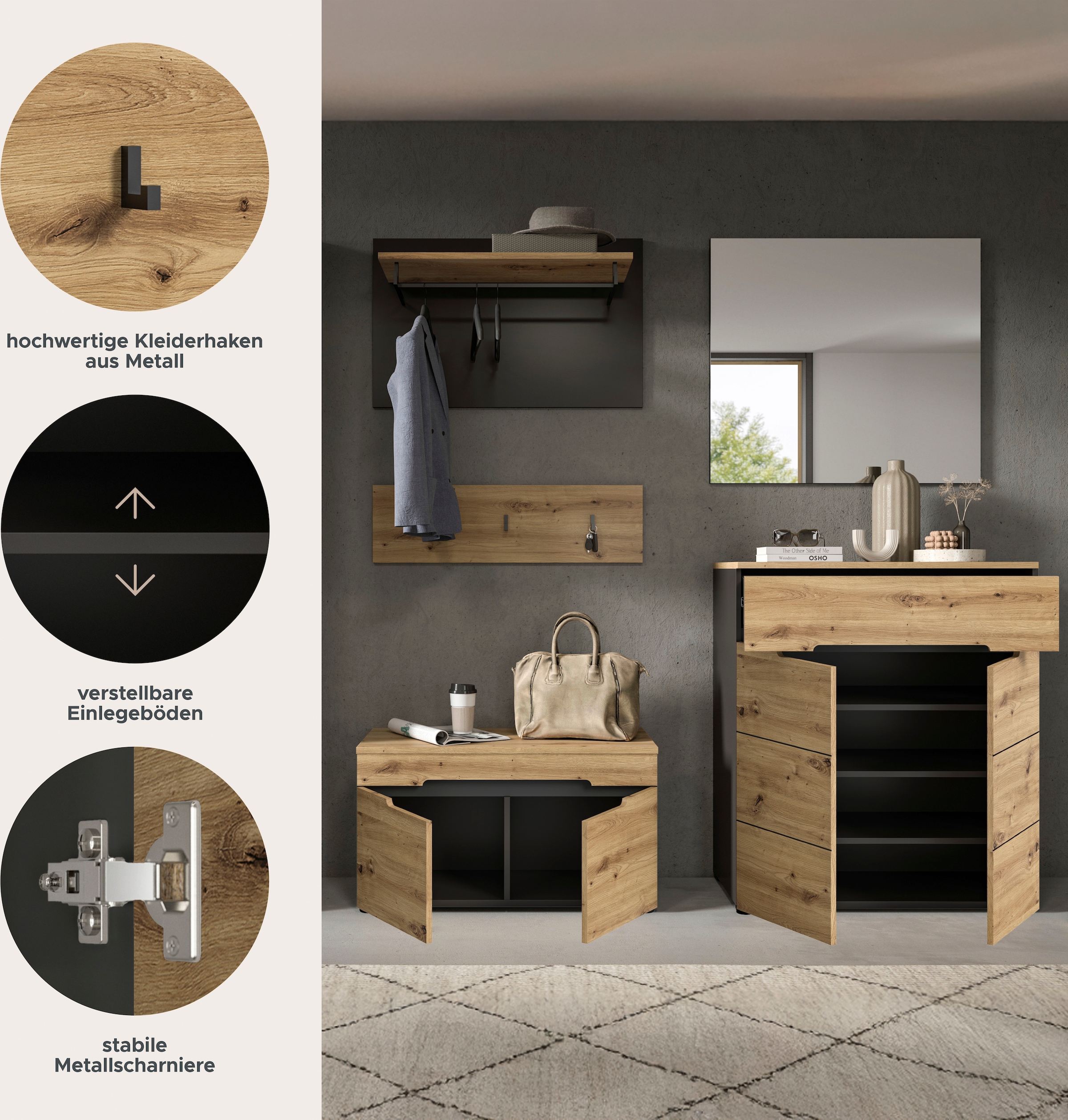 INOSIGN Garderoben-Set »REHAT, TOPSELLER!, 5-teilig, Breite 175cm, individuell stellbar«, (4 St.), Garderobenkombination, Kombination, Diele, Garderobe, Garderobenmöbel