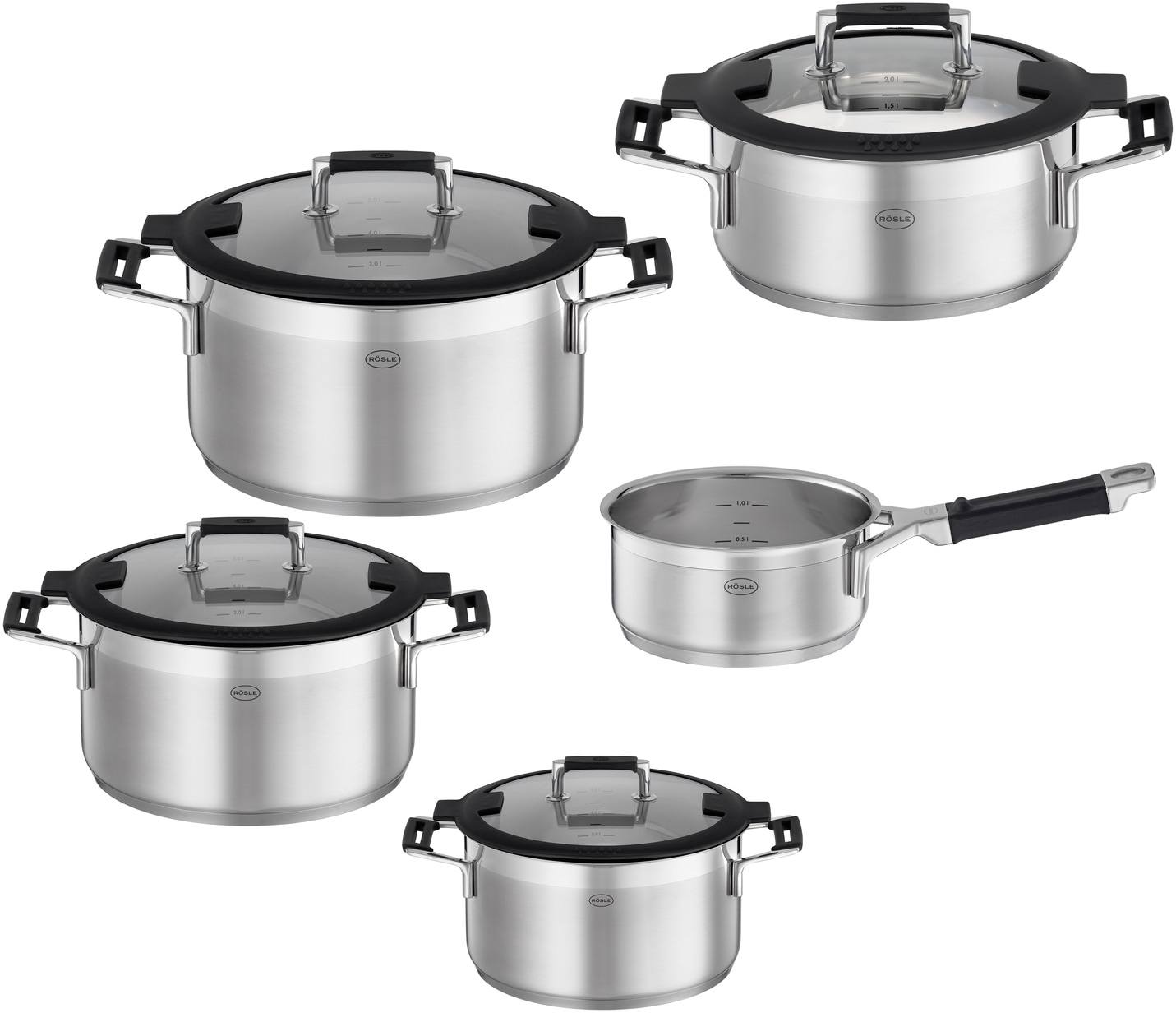 RÖSLE Topf-Set "SILENCE PRO" Set, 1 Kochtopf Ø 16/20/24 cm, 1 Bratentopf Ø 20 cm, 1 Kasserolle Ø 16 cm, 5 Stk. tlg. Edelstahl 18/10