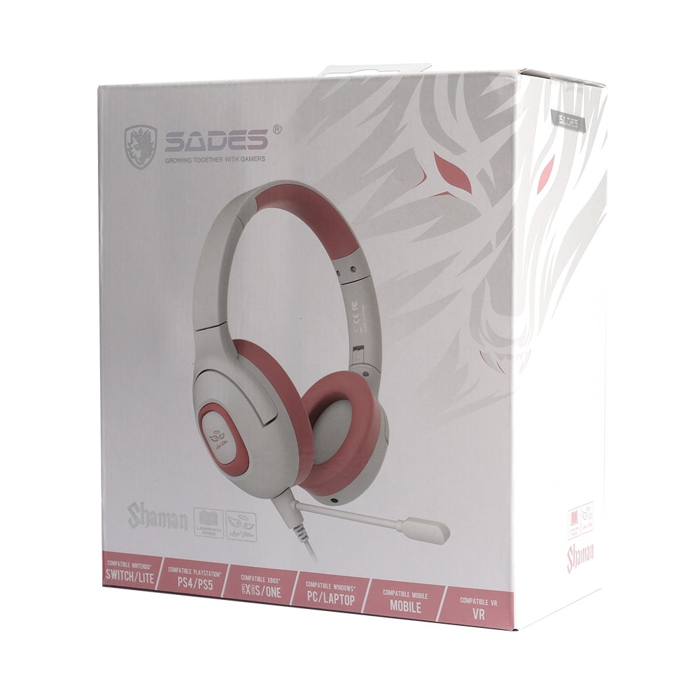 Sades Gaming-Headset »Shaman SA-724 Gaming Headset, weiß/pink, USB, kabelgebunden«, Mikrofon abnehmbar, Stereo, Over Ear, PC, PST, XBox, Nintendo Switch, VR, Phone