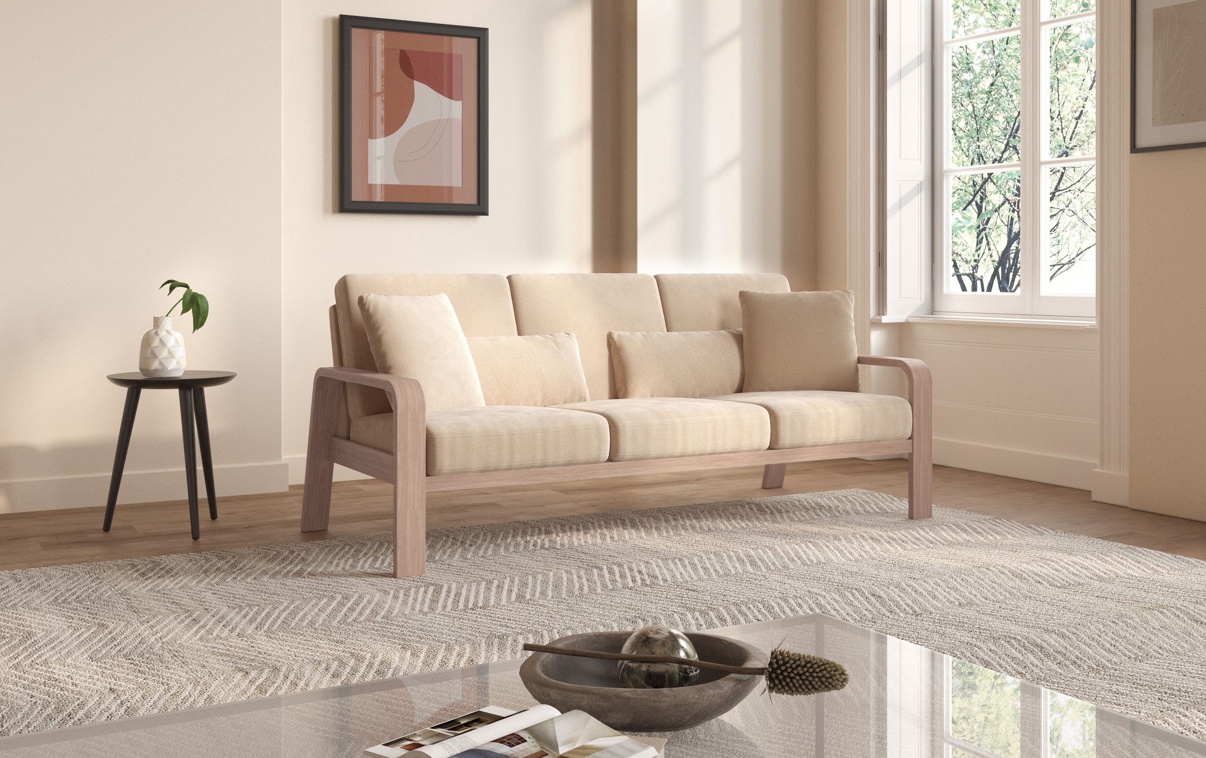 sit&more 3-Sitzer »Kolding« Armlehnen aus Buchenholz in natur, verschiedene Bezüge und Farben