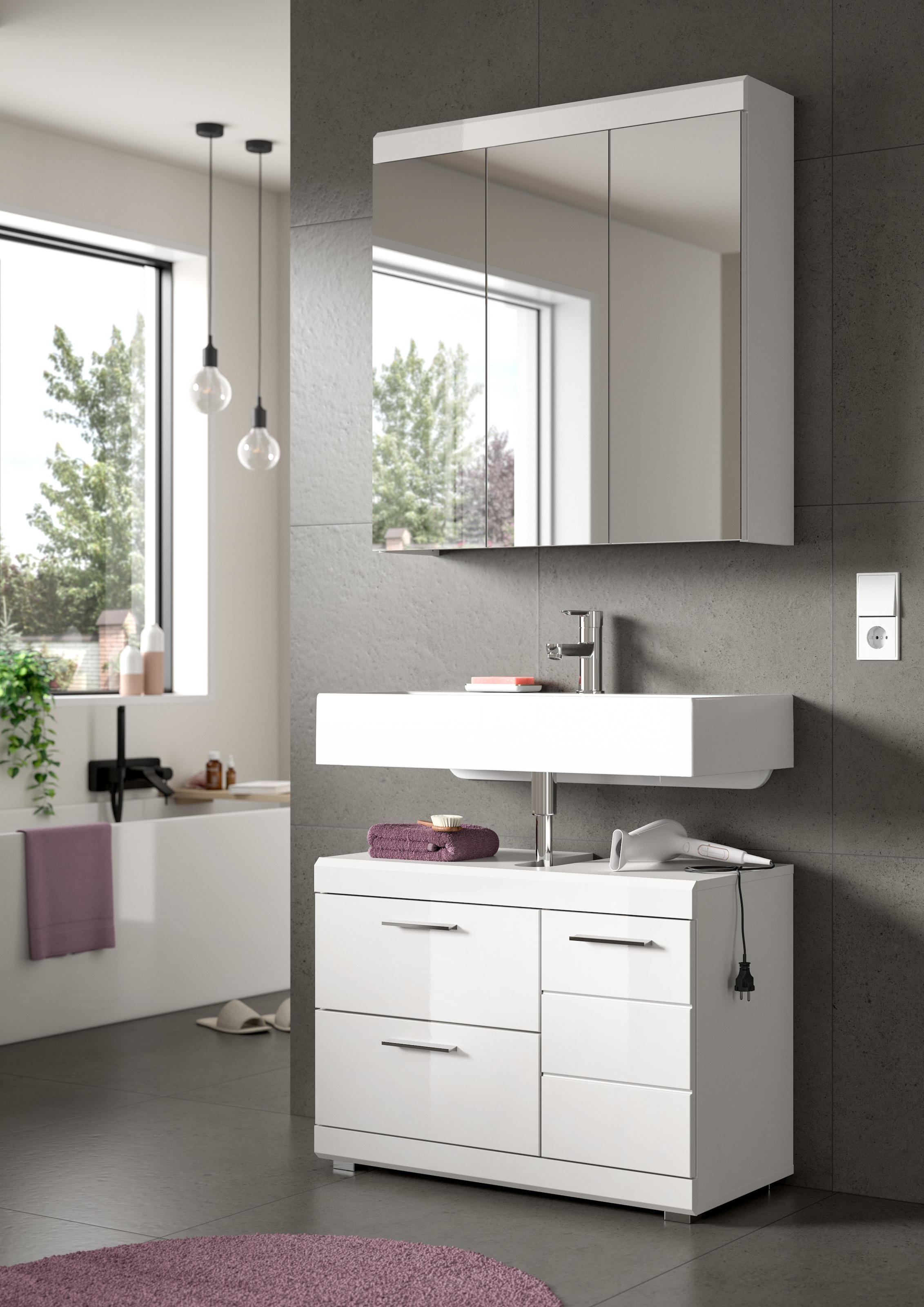 welltime Waschbeckenunterschrank »SIENA, Breite 80cm, 1 Tür, 1 Schubkasten, 1 Klappe, 2 Fächer,MDF-Front« WBU, Badmöbel, Badschrank, Kommode, Unterschrank, Bad, Badezimmer