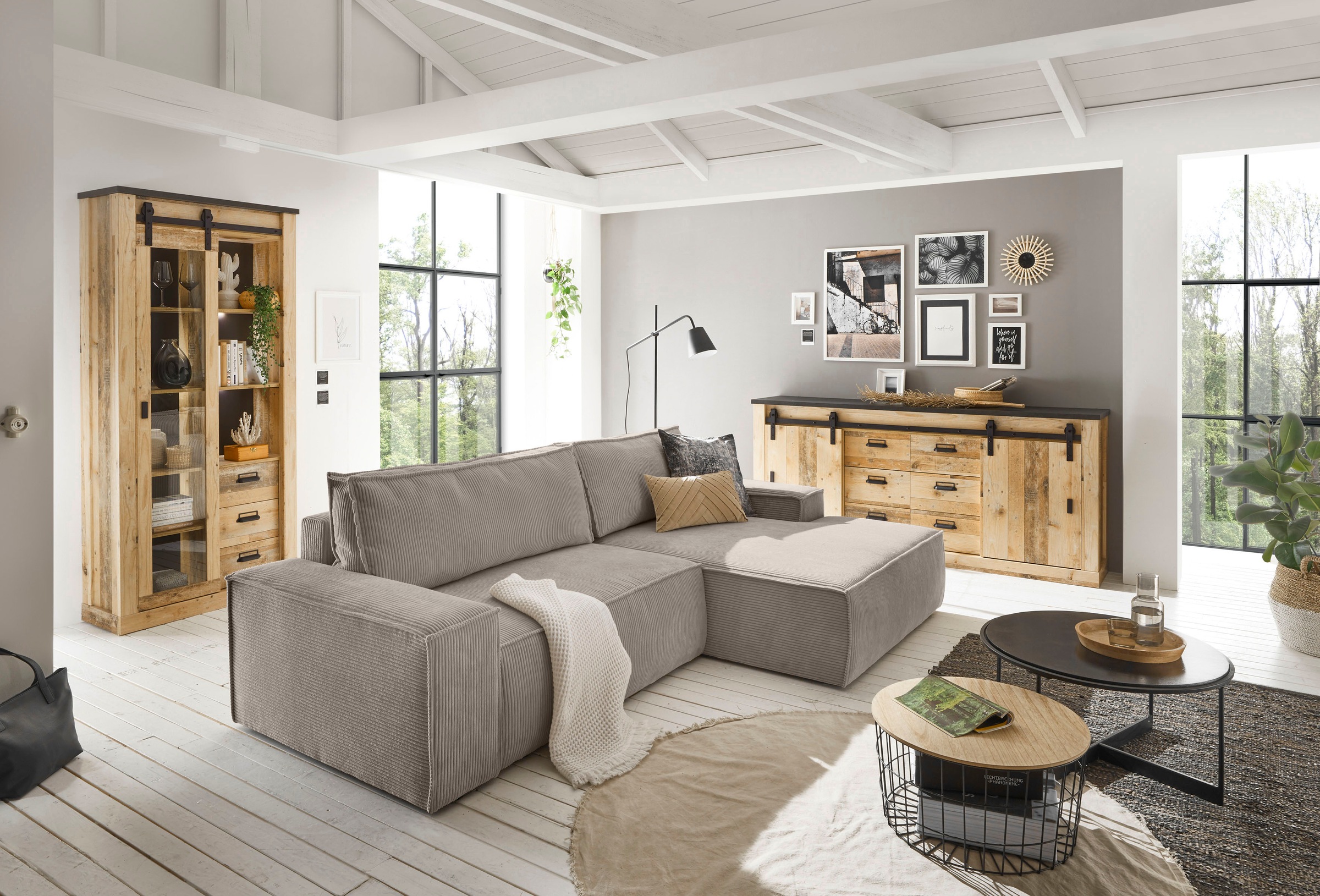 Home affaire Ecksofa »SHERWOOD Schlafsofa 267 cm, L-Form,«, Schlaffunktion mit Bettkasten (210x136 cm), Cord, Vintage, Samtvelours