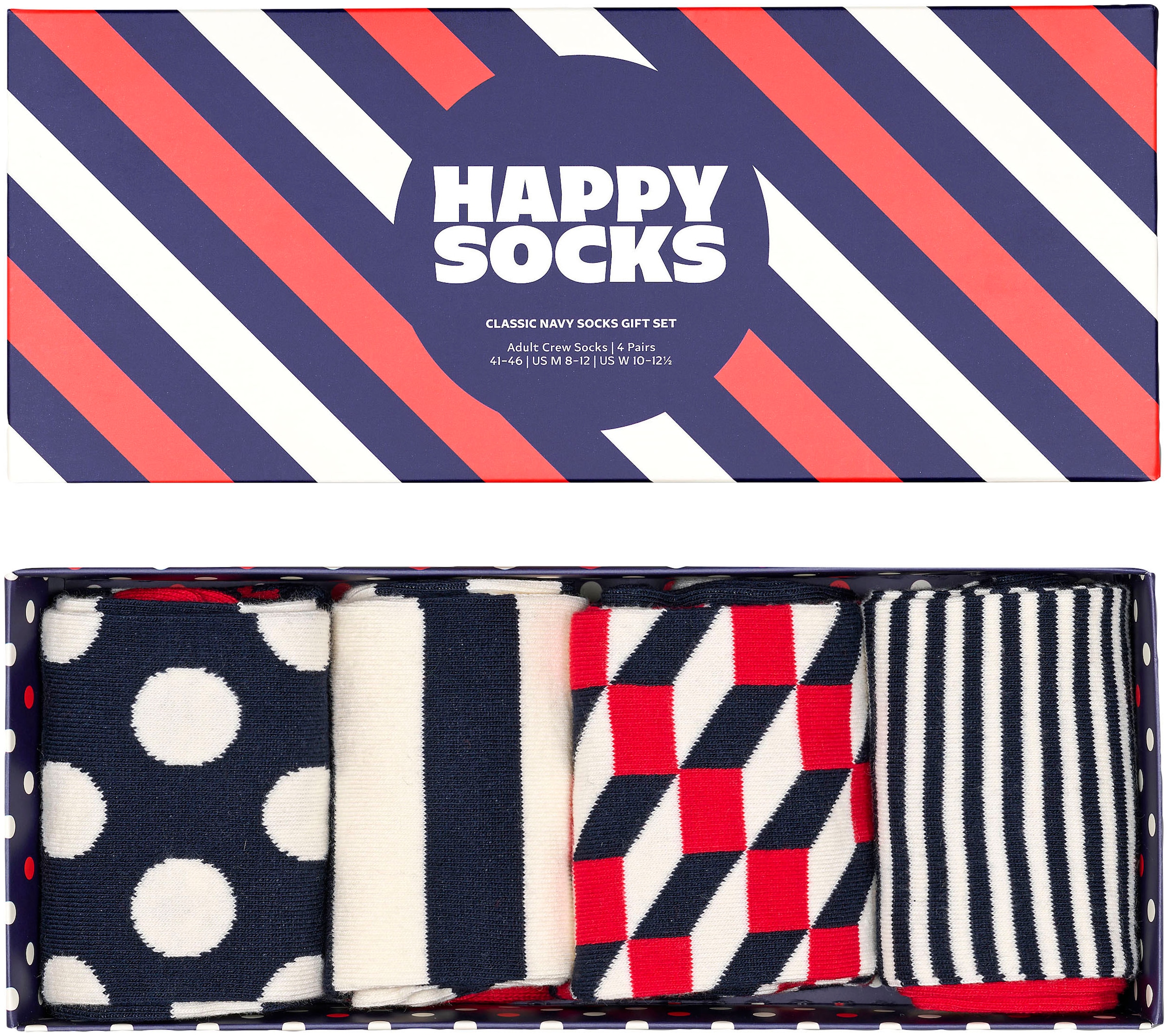 Happy Socks Socken »4-Pack Stripes 4 Dots Navy Socks Classic (Packung, bei Set«, Paar), ♕ Gift 