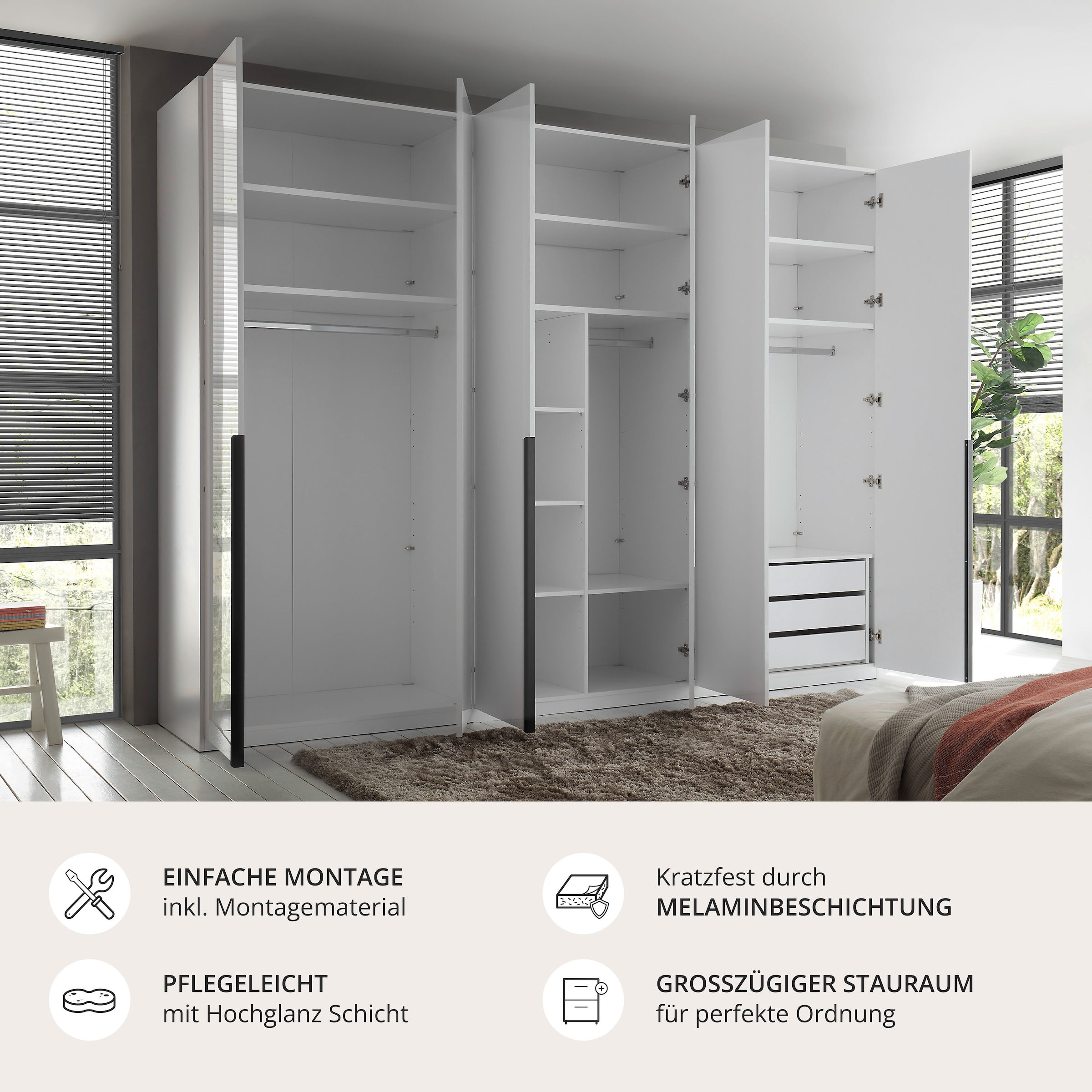 Schlafkontor Drehtürenschrank »Camoleo Kleiderschrank, 300cm Schrank in Hochglanz Soft-Close-Funktion« Spiegel auf der Innenseite der Tür