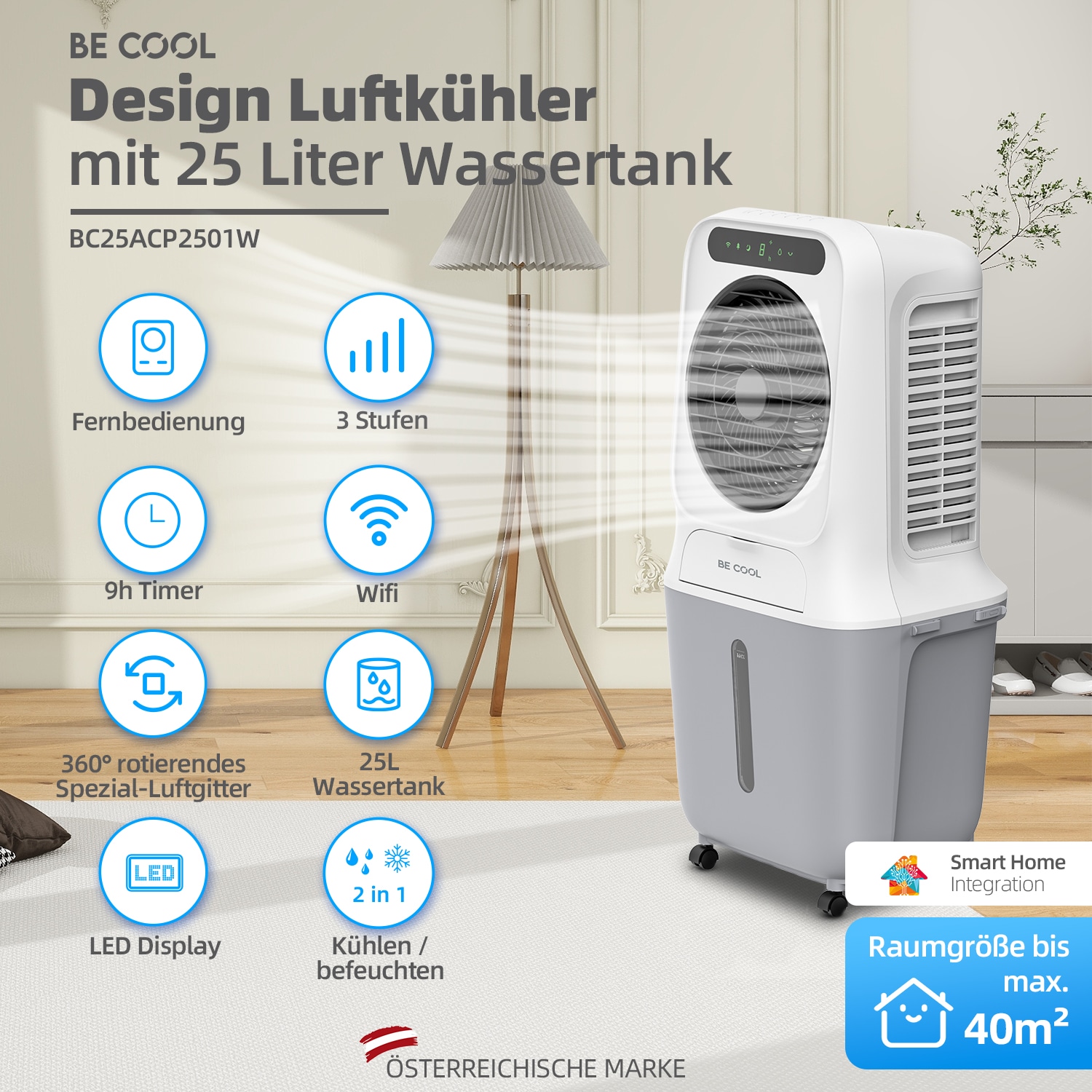 be cool Ventilatorkombigerät »Premium Luftkühler 25l mit Wifi und abnehmbarem Tank«, abnehmbarer Wassertank, Spezial Vortex Rotor, WiFi