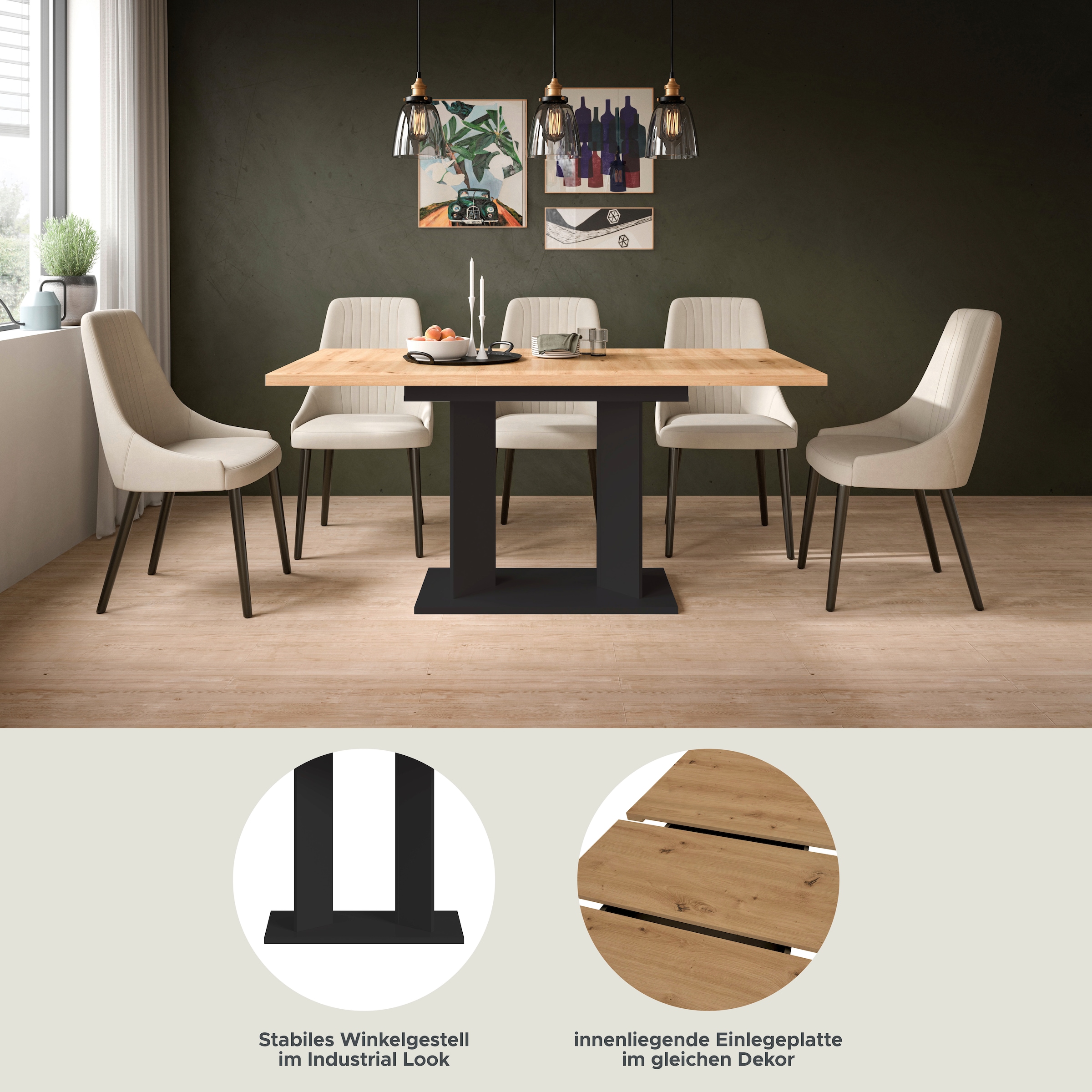 Home affaire Esstisch »GERO, 120-160 cm, ausziehbar, Säulengestell« in verschiedenen Ausführungen erhältlich, 1 Stk. tlg. Tisch, Esstisch, Esszimmer, Esszimmertisch, Küchetisch, Bartisch
