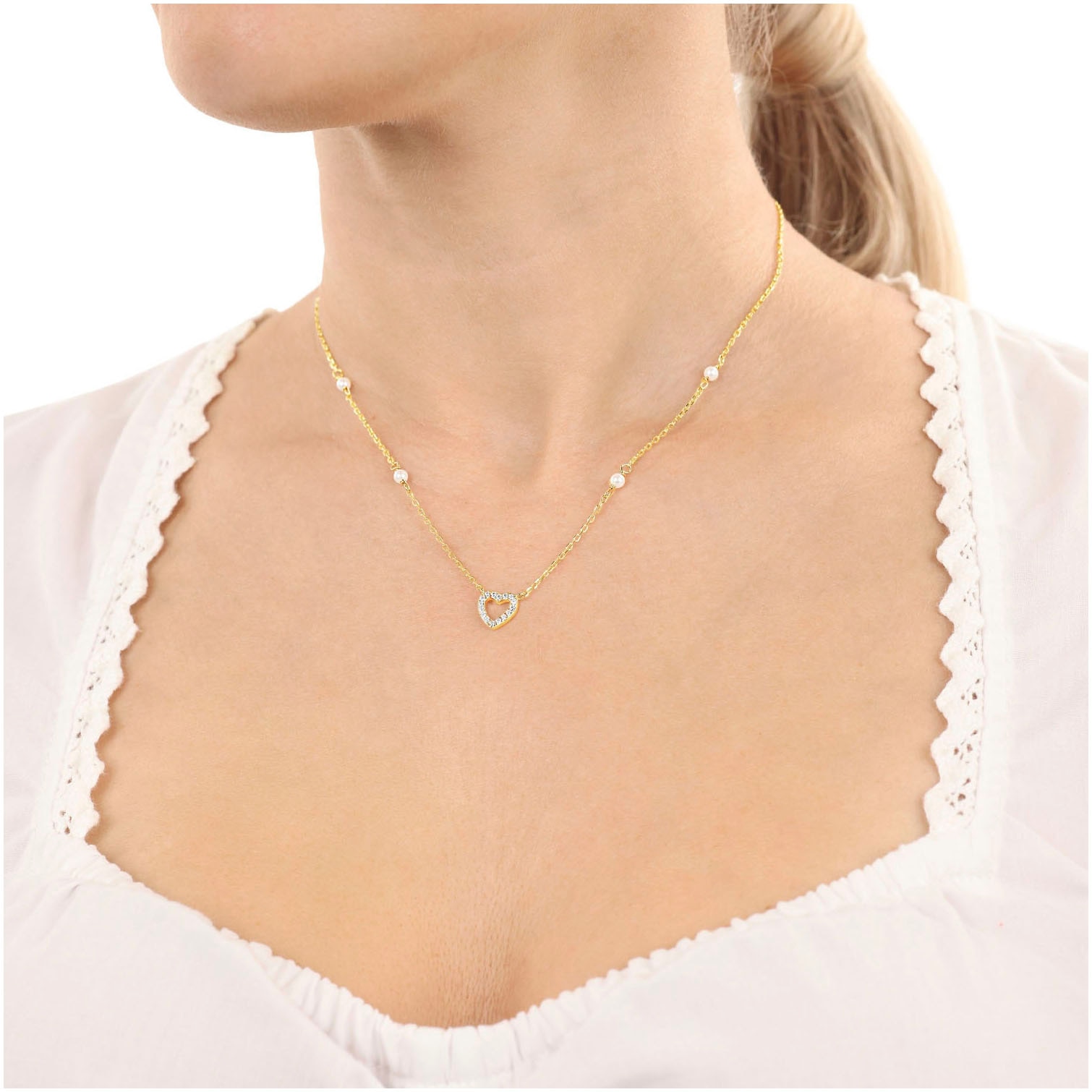 Amor Kette mit Anhänger »Herz, Trachtenschmuck, Volksfest, 2039229, 2039230«, mit Stein (synth.) - mit Muschelkernperle