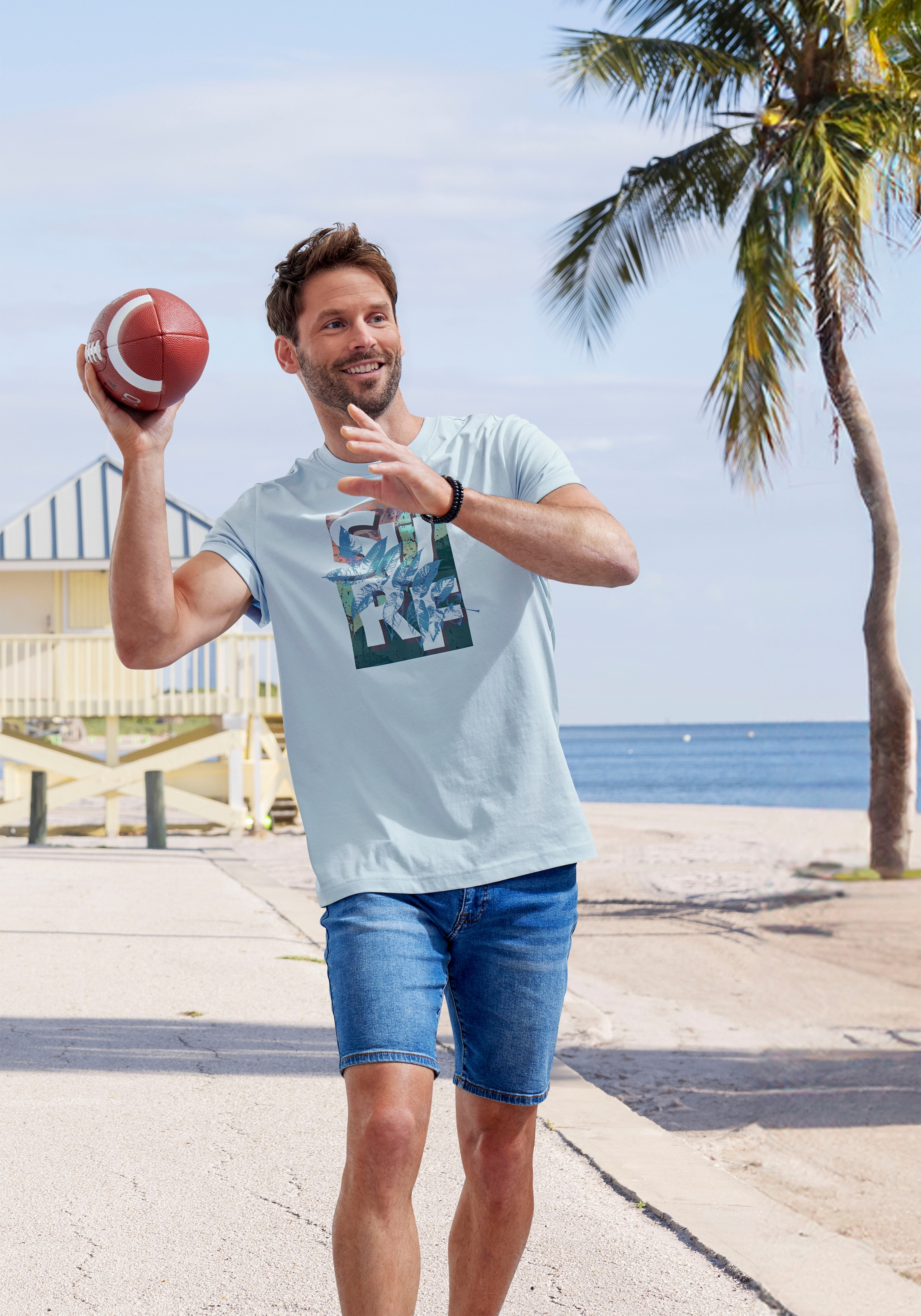 John Devin T-Shirt, Rundhalsshirt mit Surf -Aufdruck aus reiner Baumwolle